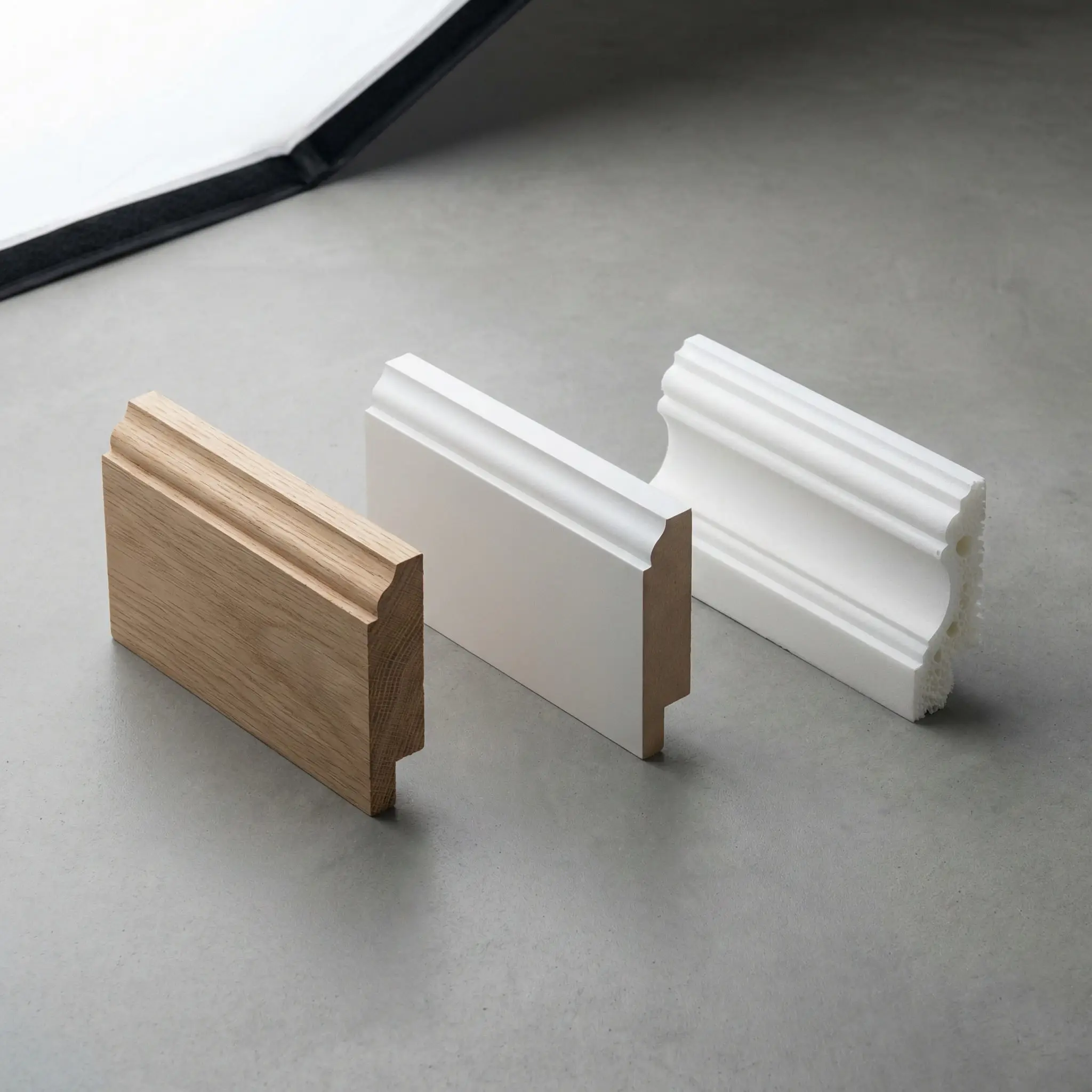 Product comparison showing cross-sections of solid wood, MDF, and polyurethane crown molding profiles to highlight material differences.