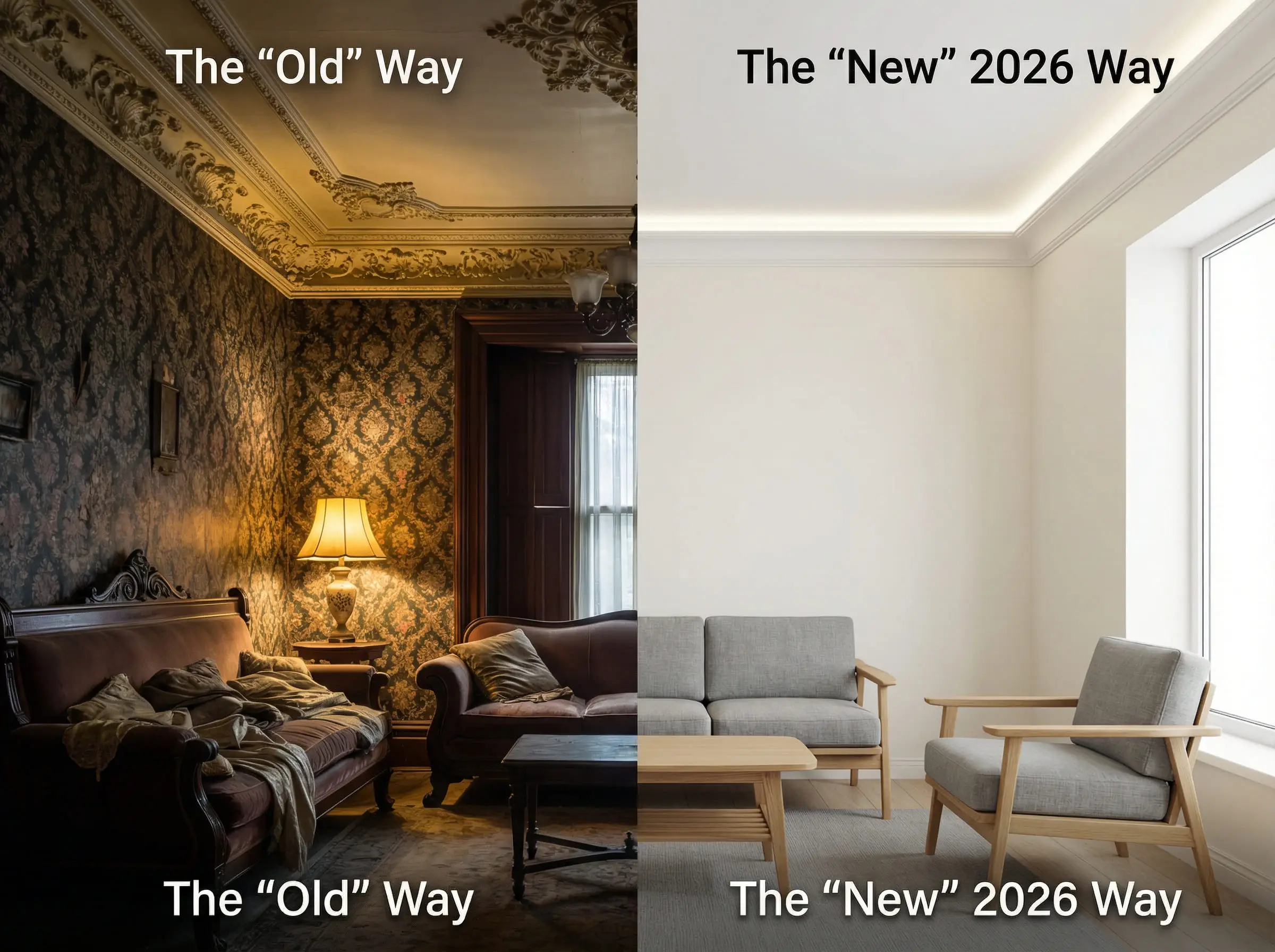 Side-by-side comparison showing dated, ornate traditional plaster molding versus a modern, sleek knife-edge profile with LED lighting.