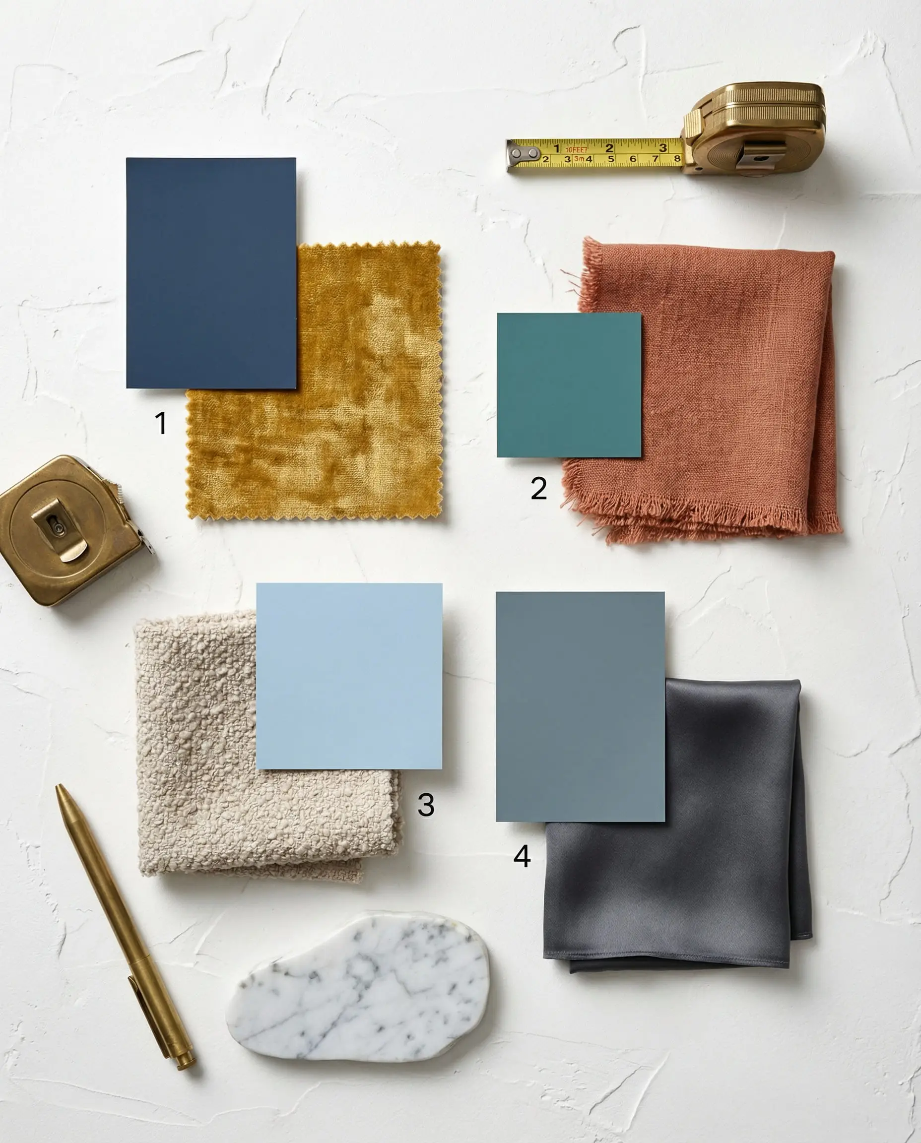 Interior design mood board showing curtain color palettes for navy, teal, sky blue, and slate walls.