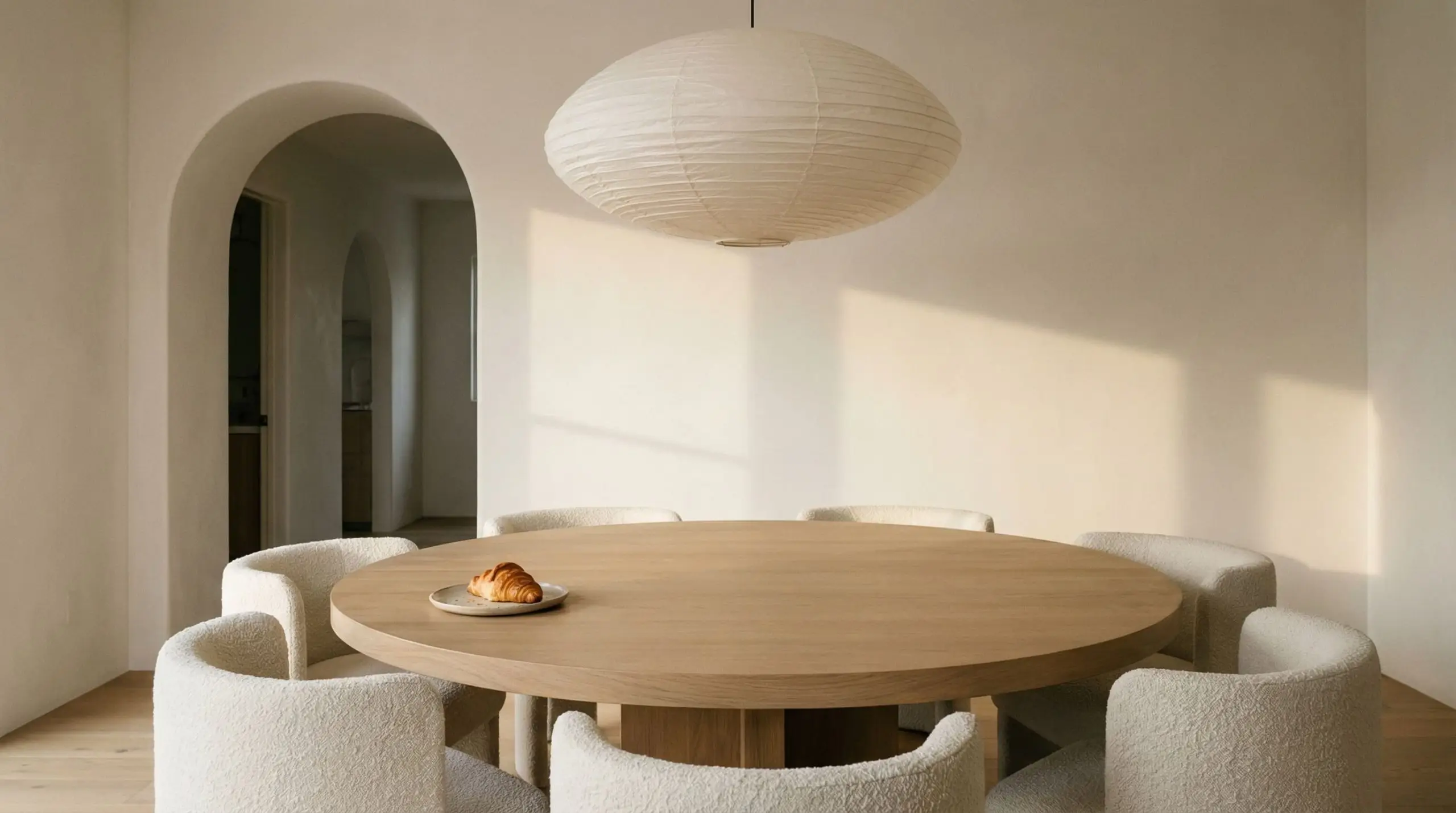 An organic modern dining room displays curvilinear furniture, including a round matte oak table, curved-back bouclé chairs, and an oversized organic paper pendant light.