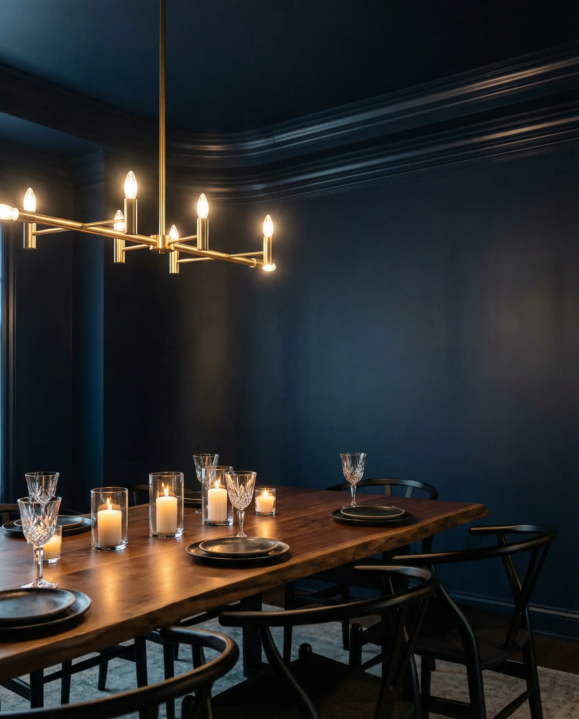 Dramatic dining room design with matte black walls and matching stacked crown molding creating a cohesive, moody atmosphere.