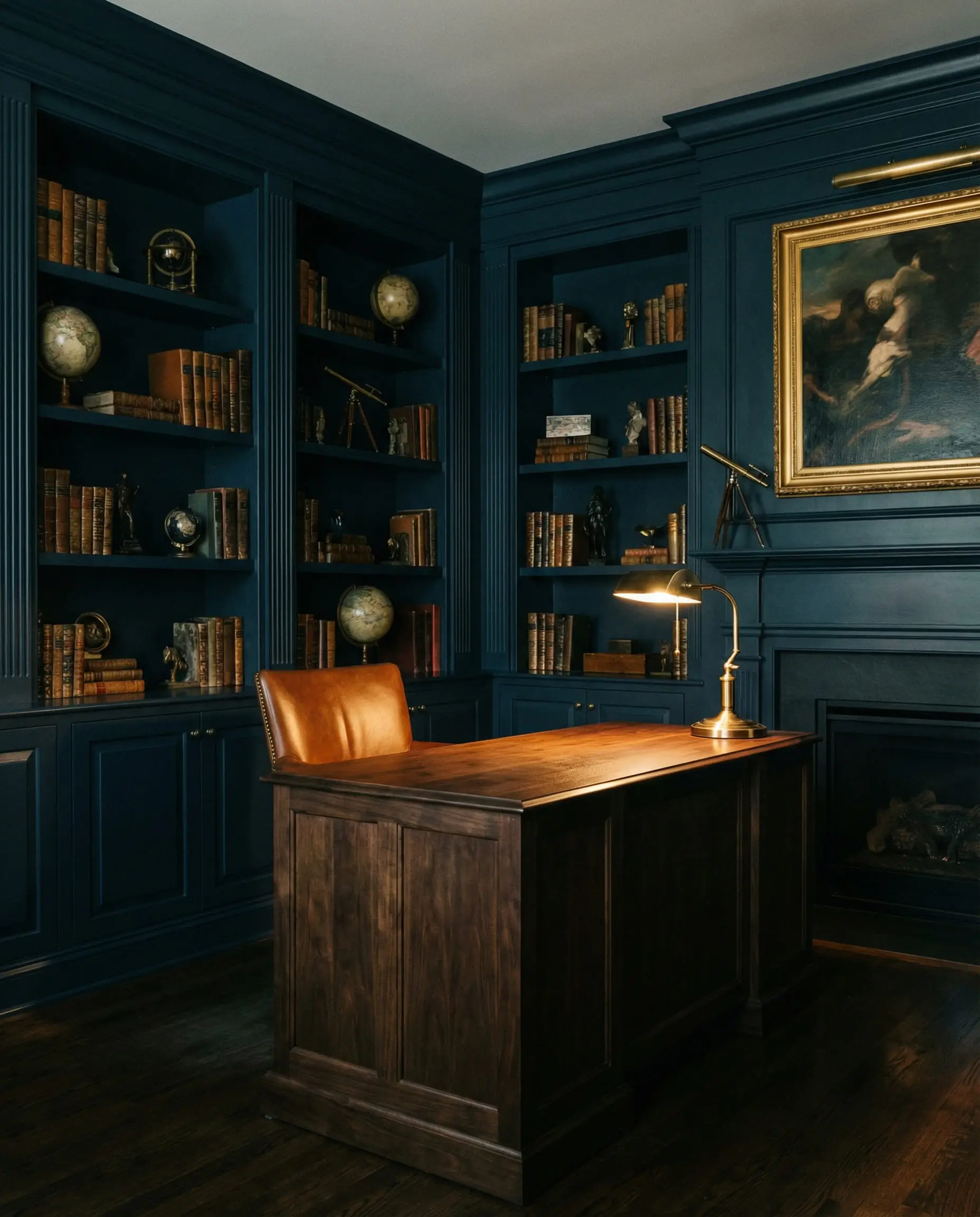 Moody home study painted in deep Midnight Navy with built-in shelves, a walnut desk, and a vintage brass banker's lamp.