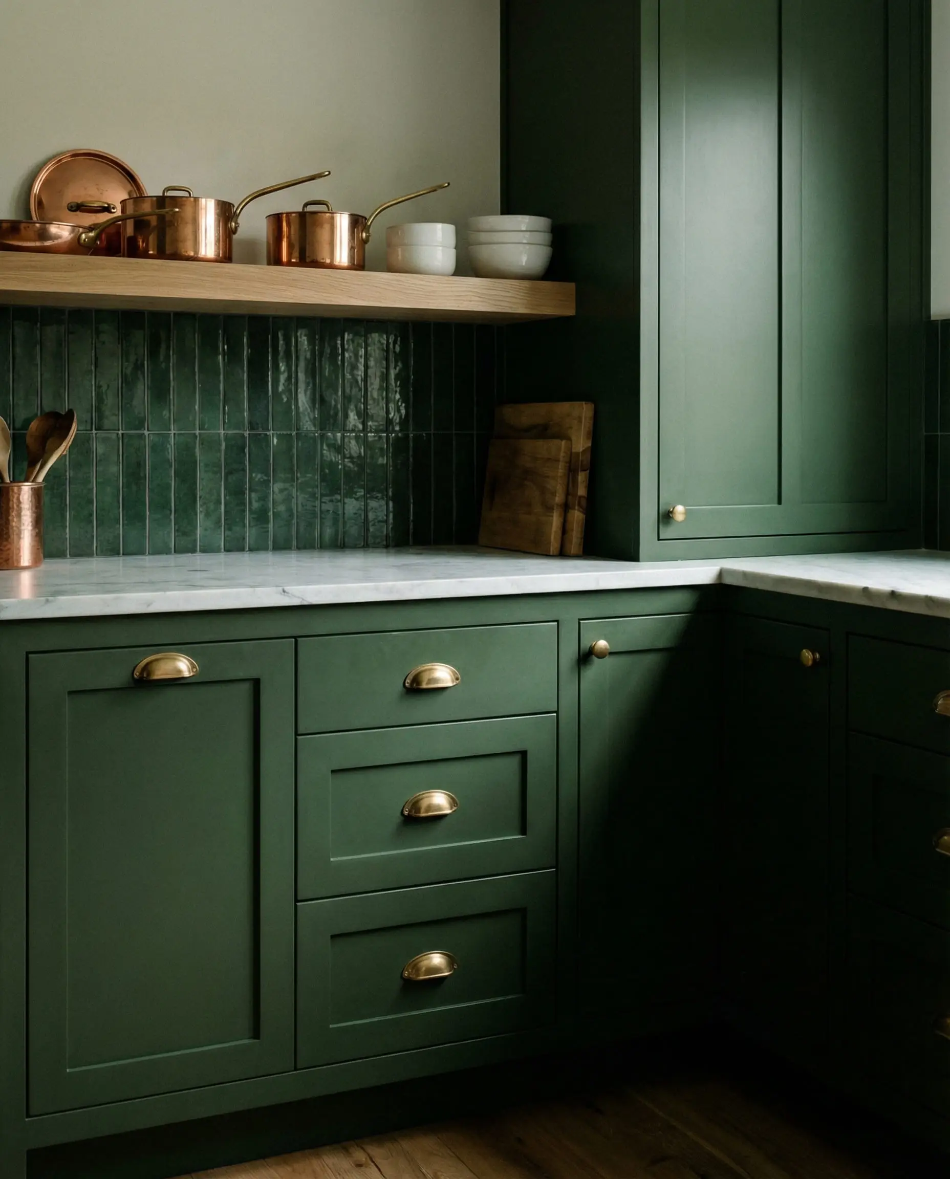 Modern craftsman kitchen featuring deep moss green cabinetry and unlacquered brass hardware.