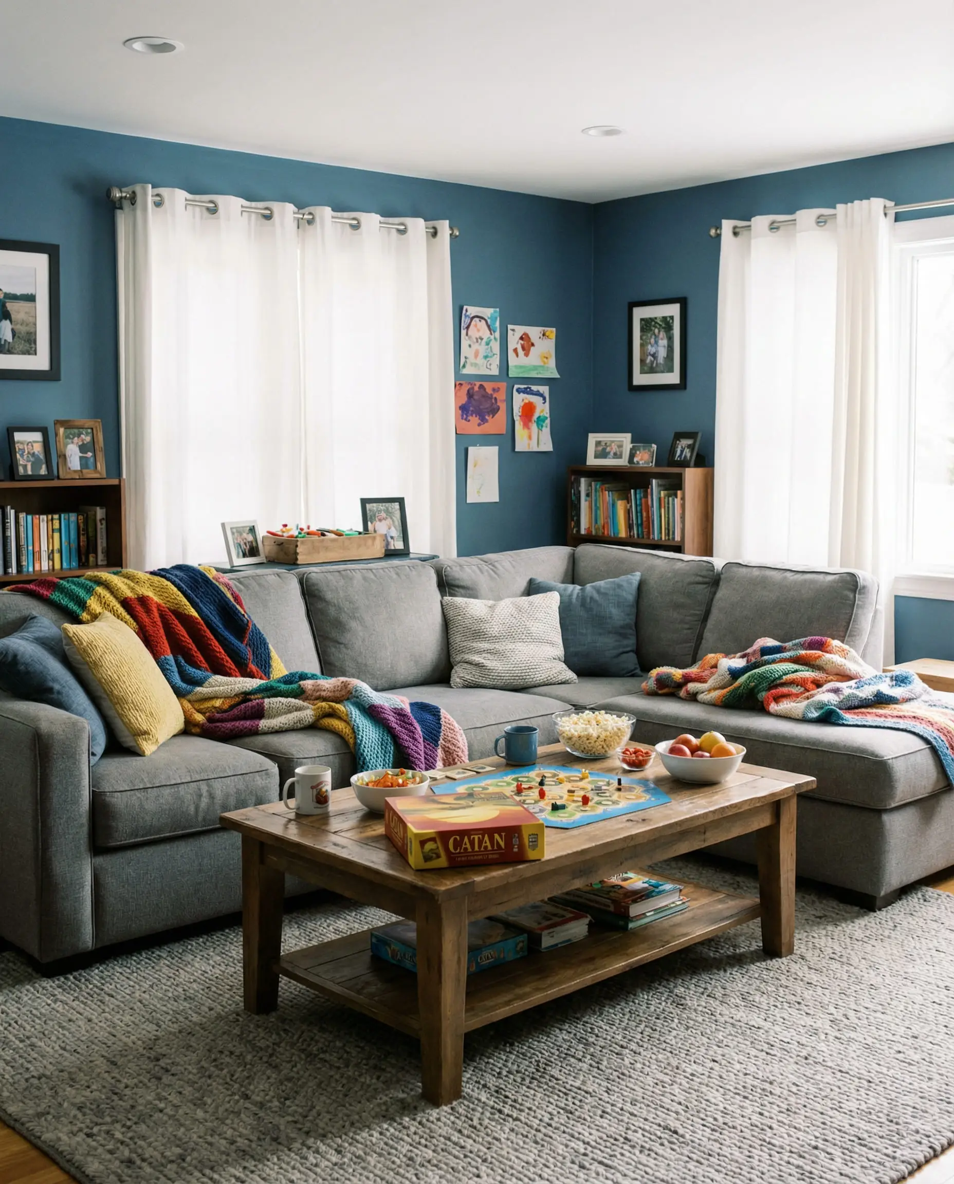 Casual family room with denim blue walls and simple white cotton curtains.
