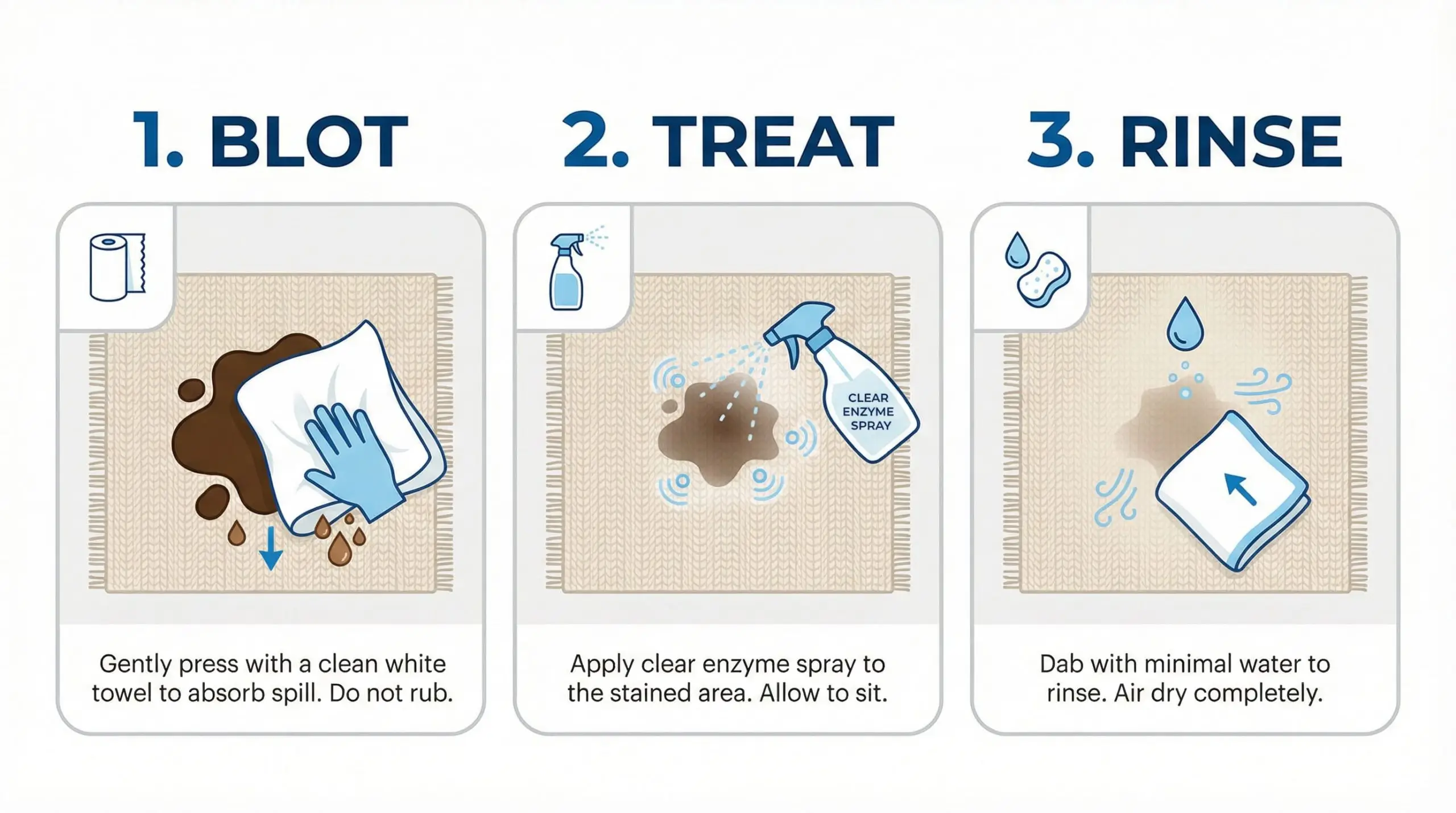 A three-step minimalist infographic illustrates how to clean cozy neutral rugs by blotting, treating, and rinsing stains.