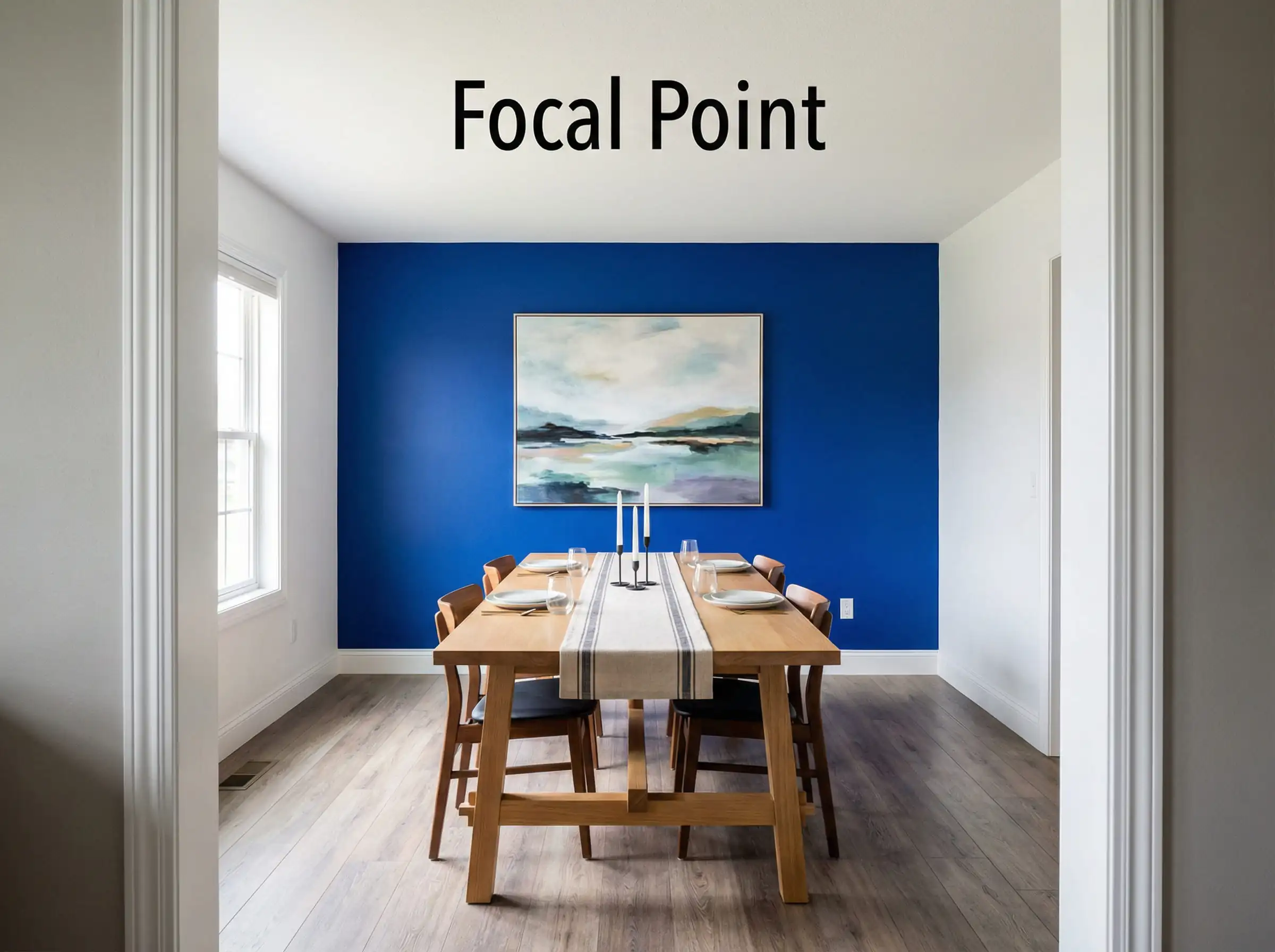 Wide shot looking into a dining room where a bold cobalt blue back wall serves as the clear focal point.