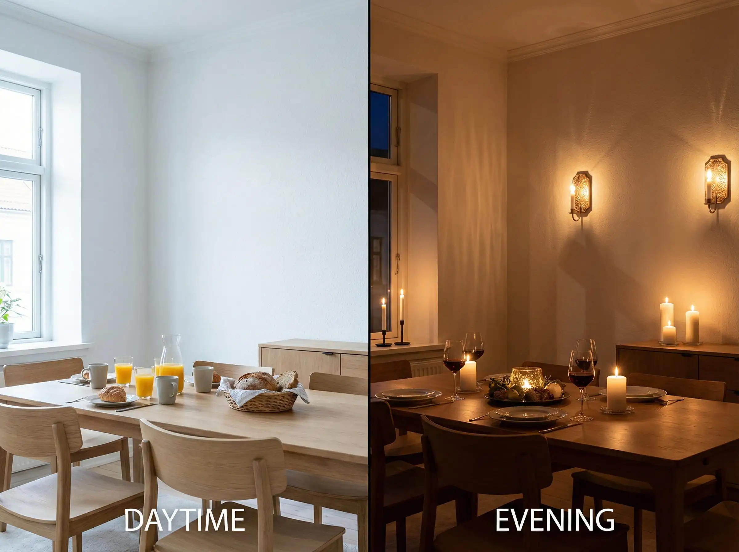 Split screen comparison of a textured dining room wall shown in bright daylight versus moody evening candlelight.