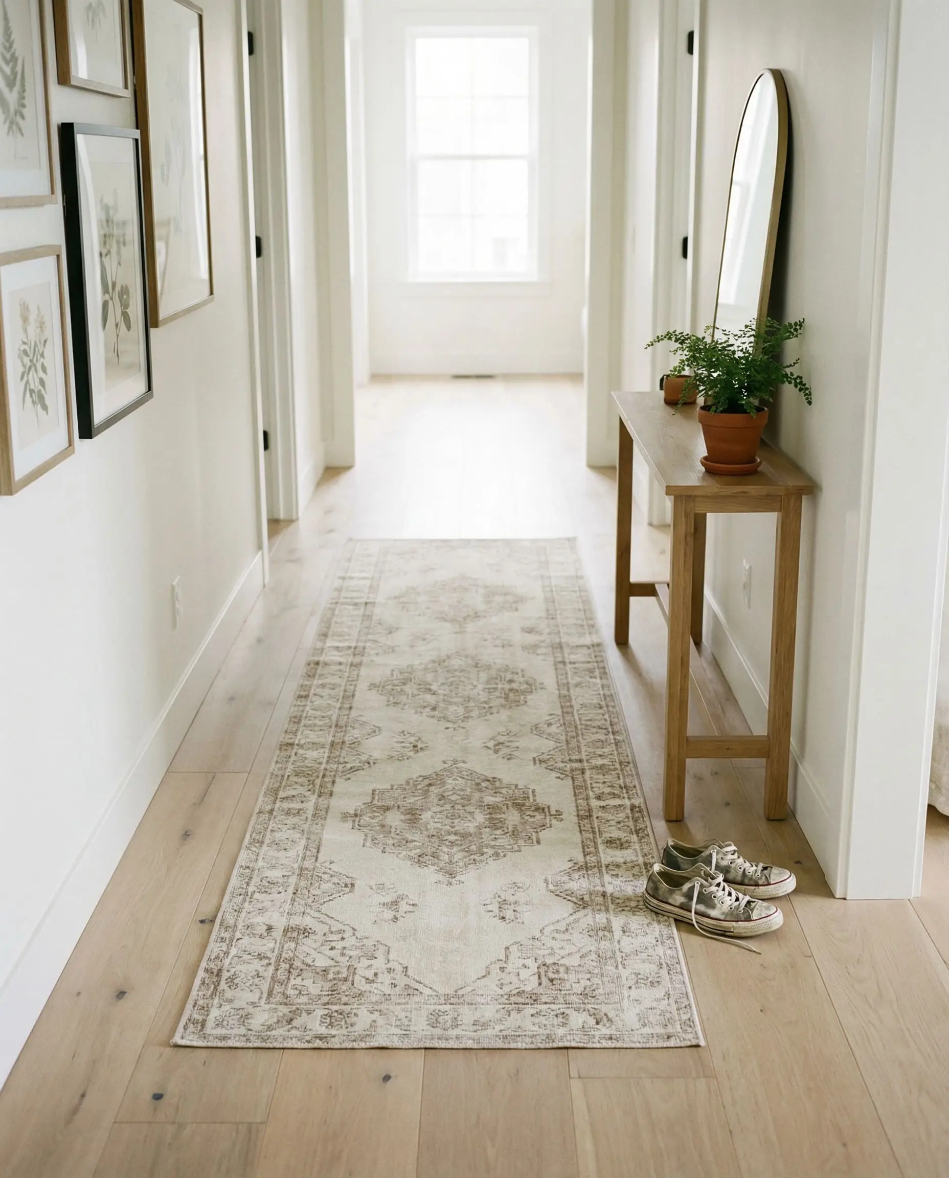 A low-pile distressed printed runner in cream and taupe sits beneath a narrow wooden console table in a modern hallway.
