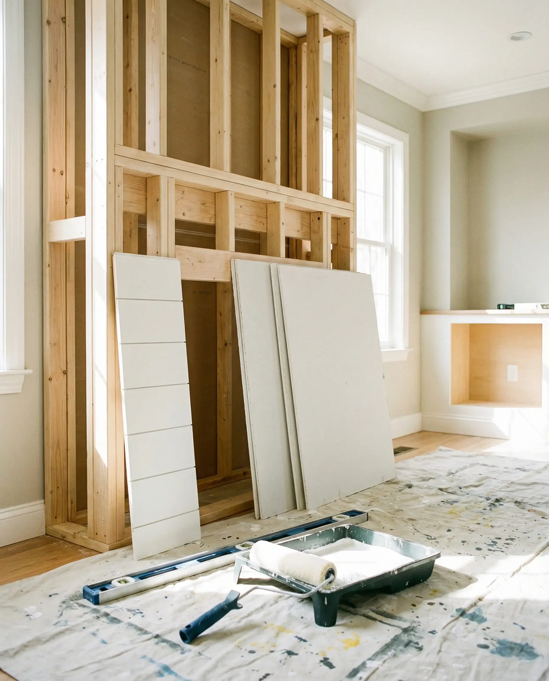 An editorial-style photo of a DIY fireplace renovation in progress, showing wood stud framing and tools.