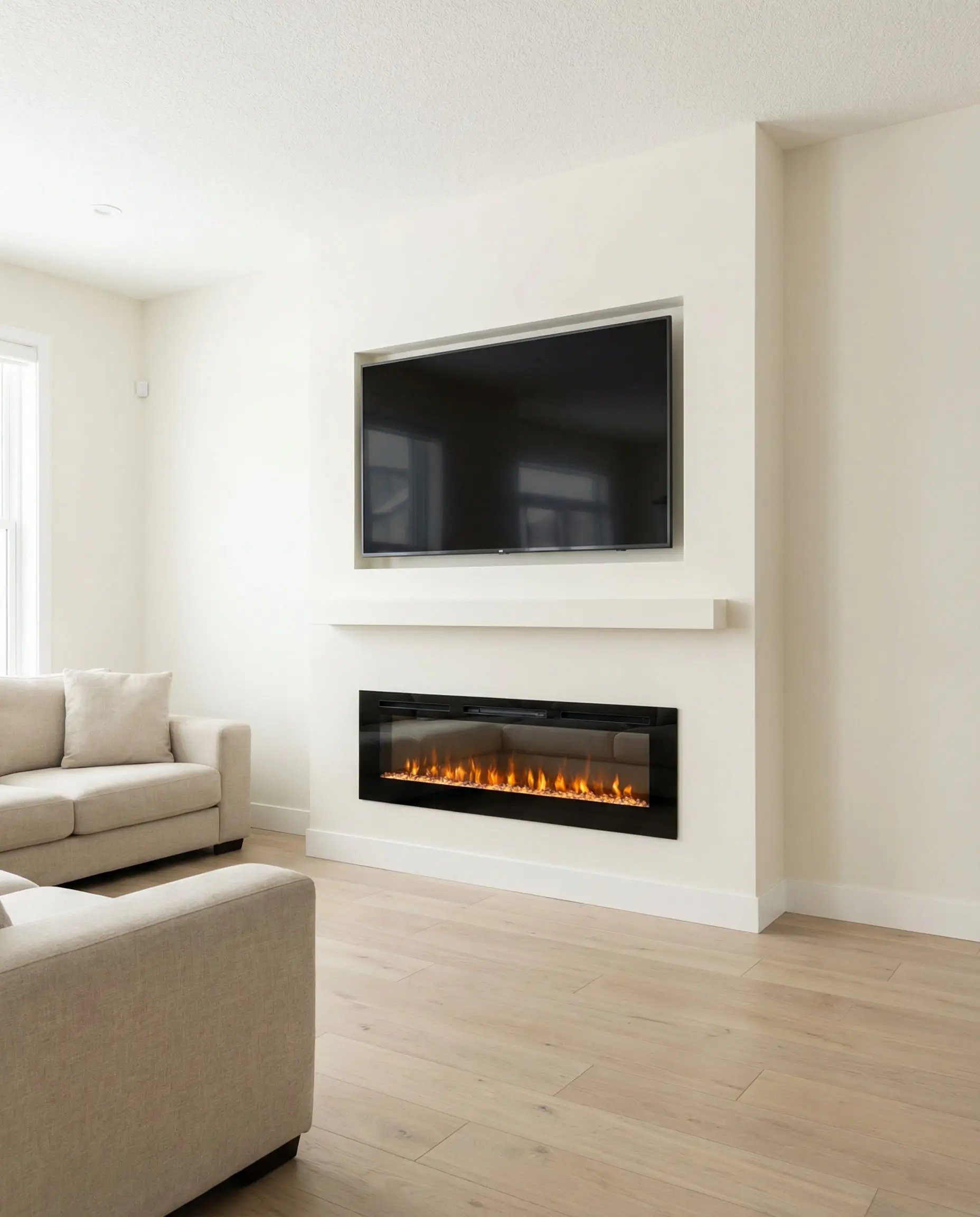 Transitional living room with a built-out drywall media wall housing a recessed TV and a linear electric fireplace.