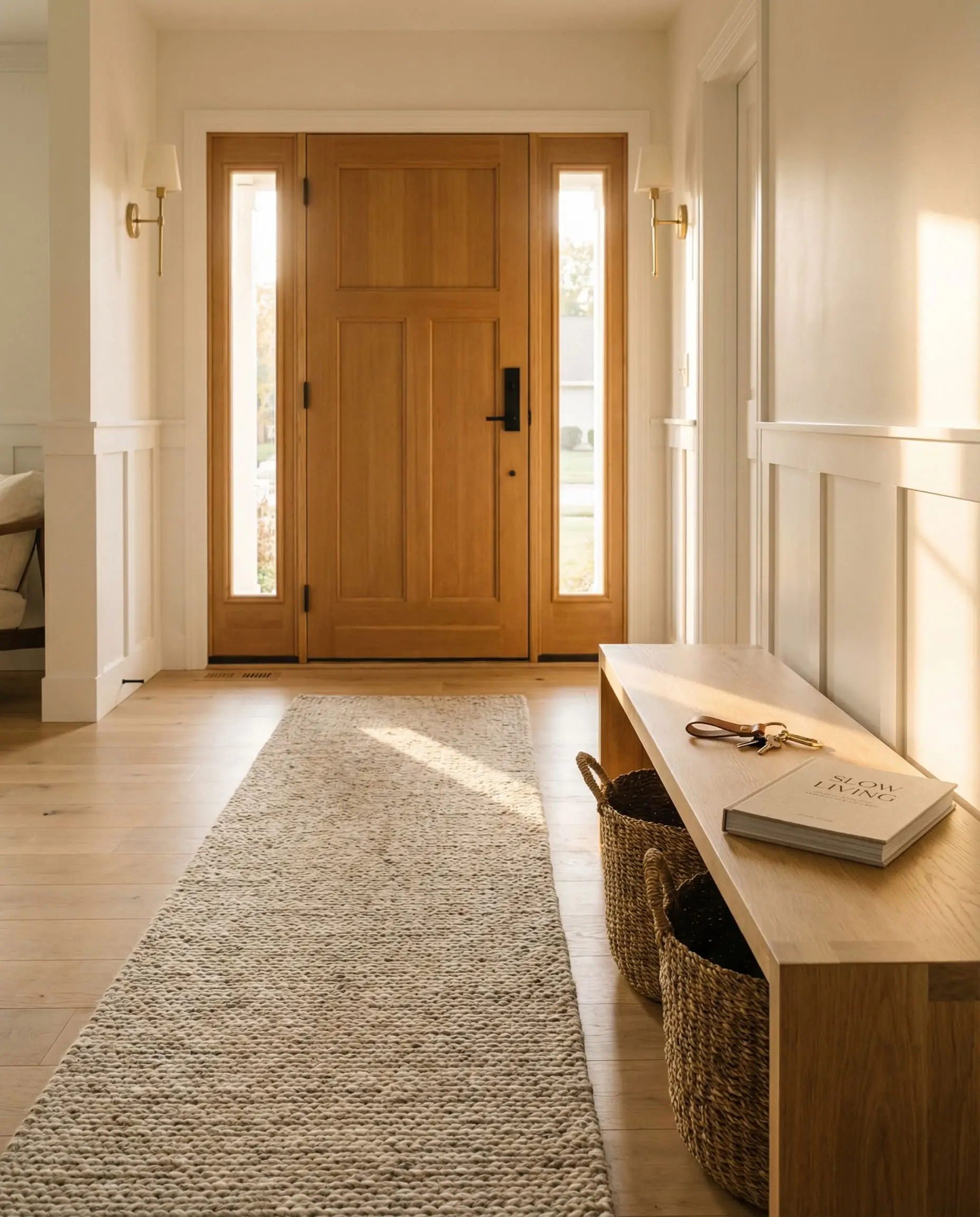 A densely woven heathered wool runner sits under a solid oak bench in a sunlit modern entryway, showcasing durable light colored rugs.