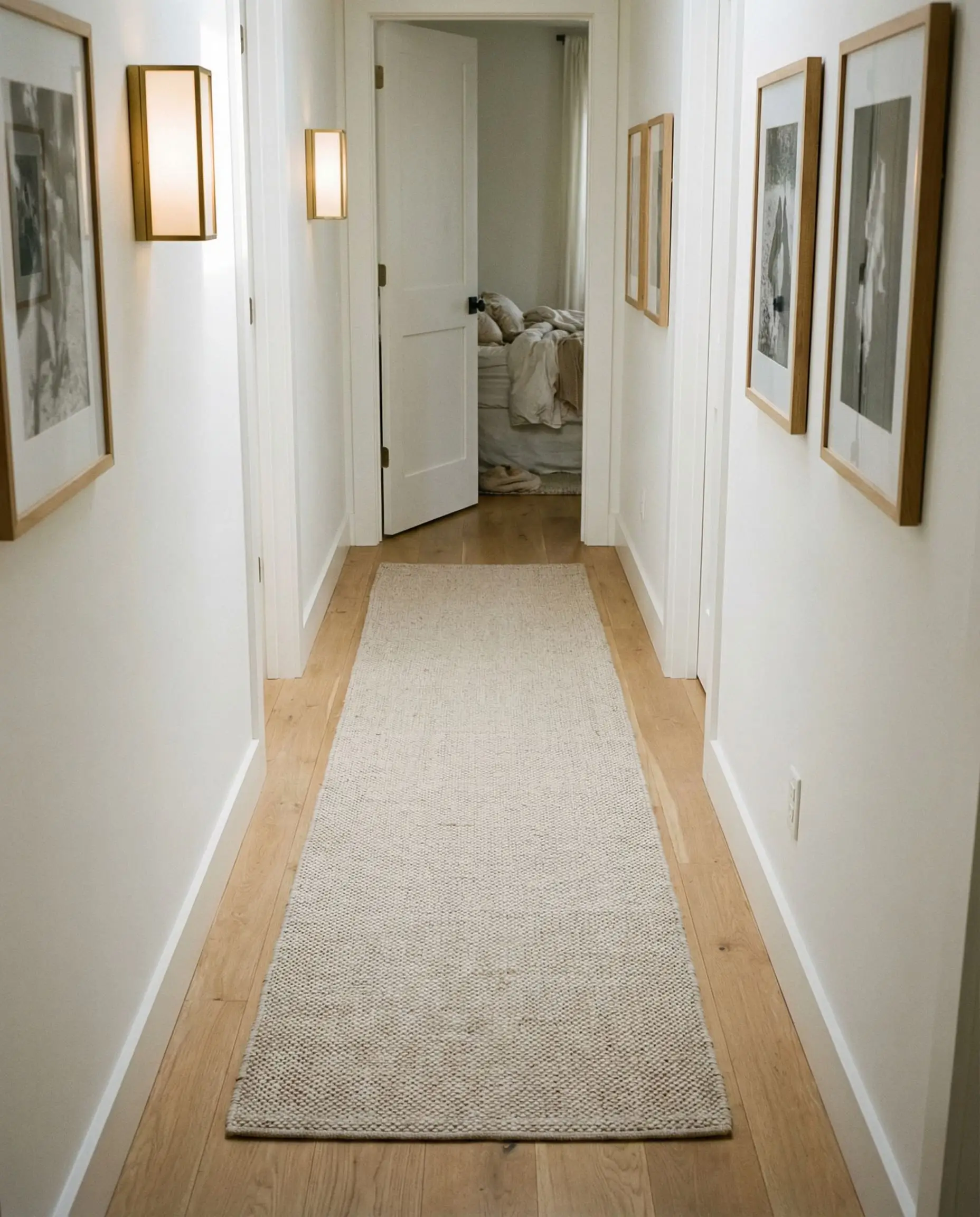 An incredibly tight weave durable light colored runner protects the white oak floors of a narrow, high-traffic hallway.