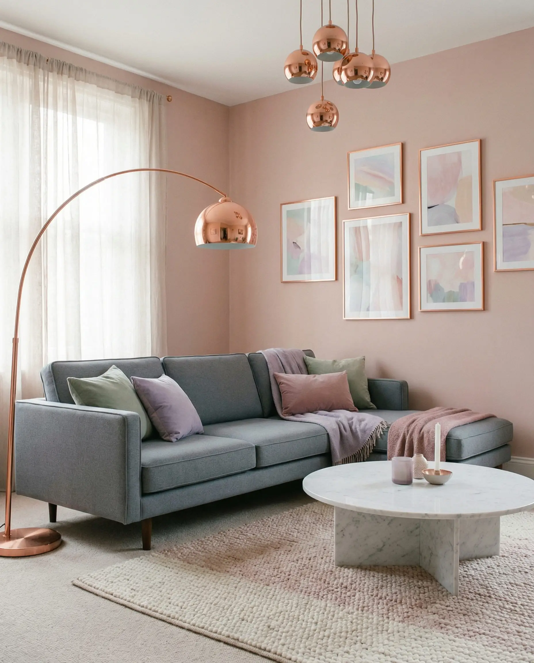 Soft modern living room with Farrow & Ball Setting Plaster pink walls and a structured mid-century modern grey sofa.