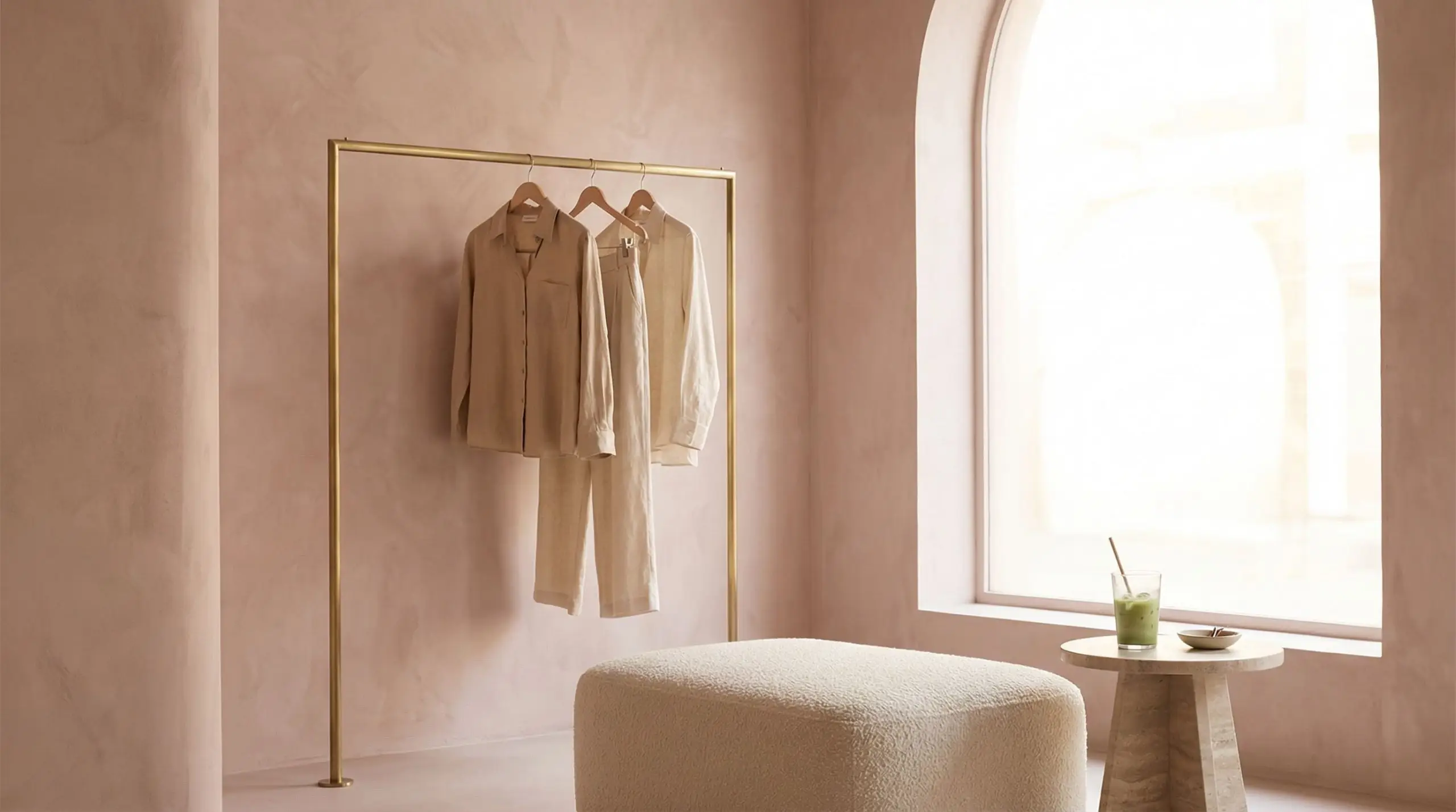 A chic retail boutique utilizes dusty rose textured wall paint to create a sophisticated atmosphere around a brushed brass clothing rack.