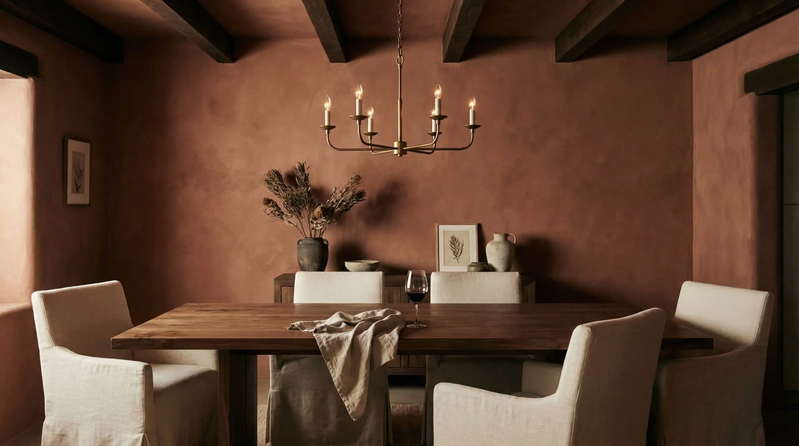 Rich earthy terracotta limewash paint colors envelop a moody formal dining room featuring a raw walnut table and cream linen slipcovered chairs.