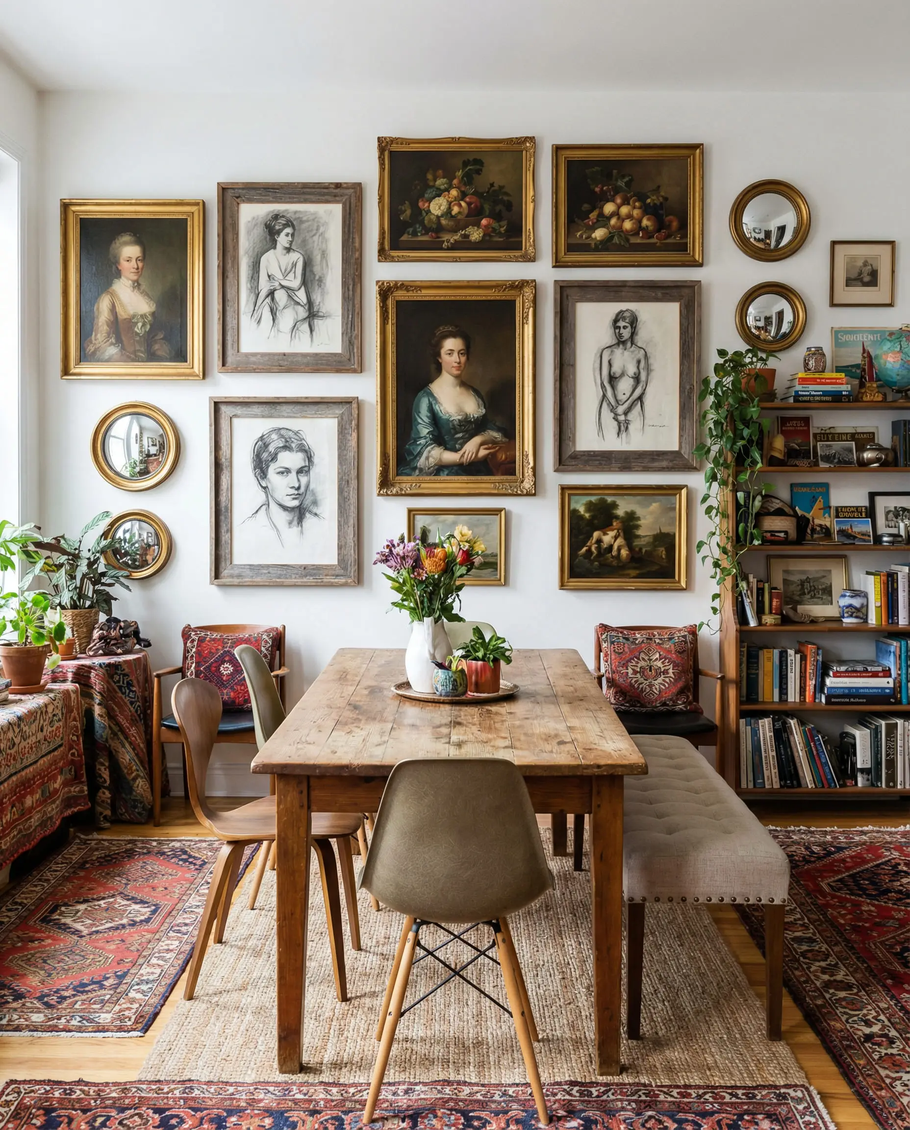 Bohemian dining room with an organic, salon-style gallery wall featuring mixed vintage art frames and mirrors.