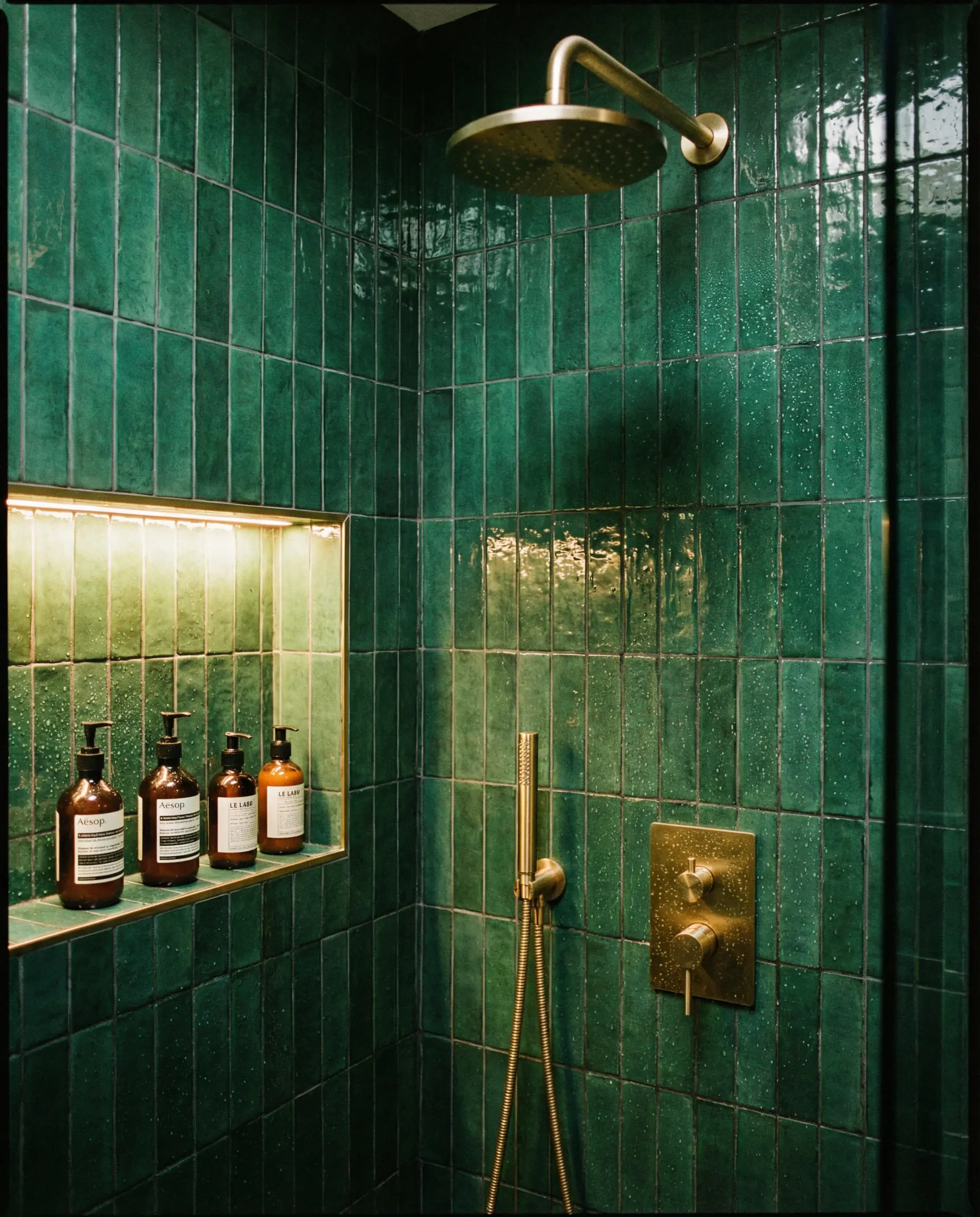 Bathroom shower featuring glossy deep emerald green subway tiles arranged in a modern vertical stack pattern.