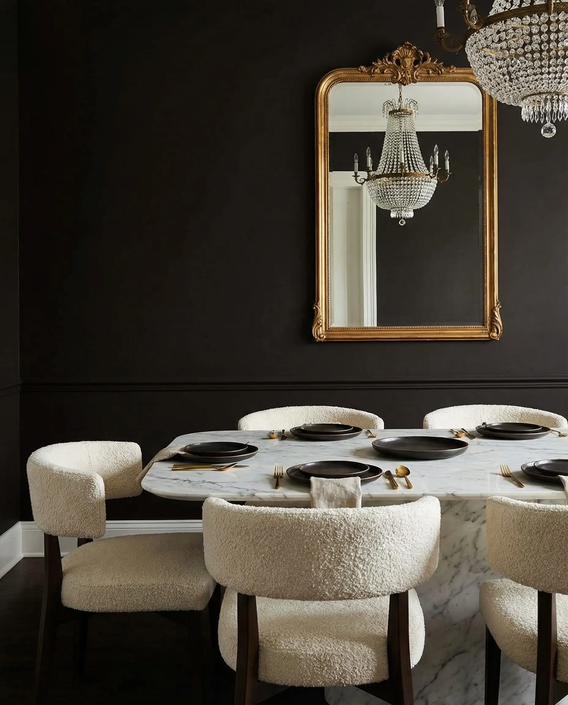 Luxurious dining room painted in deep espresso brown contrasting with cream bouclé dining chairs.