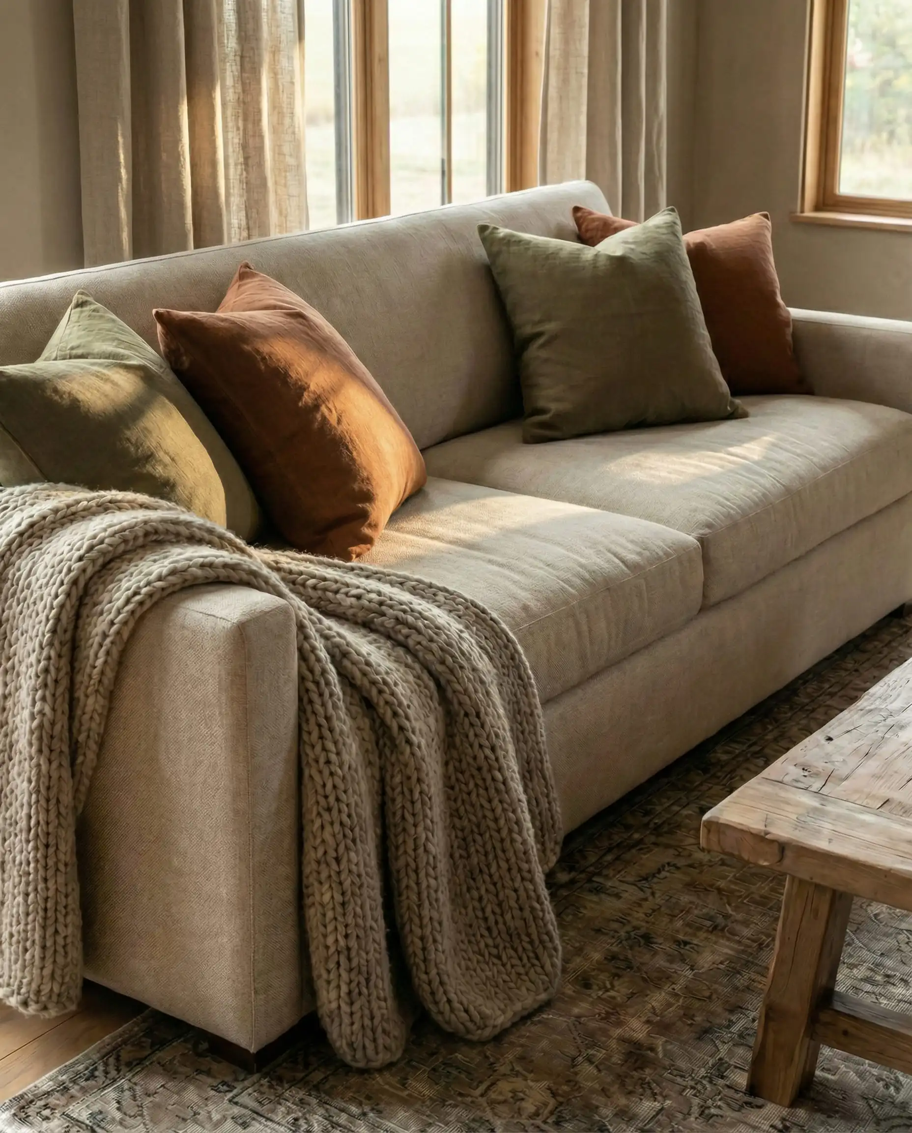A sleek European farmhouse linen sofa is softened with organic textiles including a chunky knit throw and olive linen pillows.
