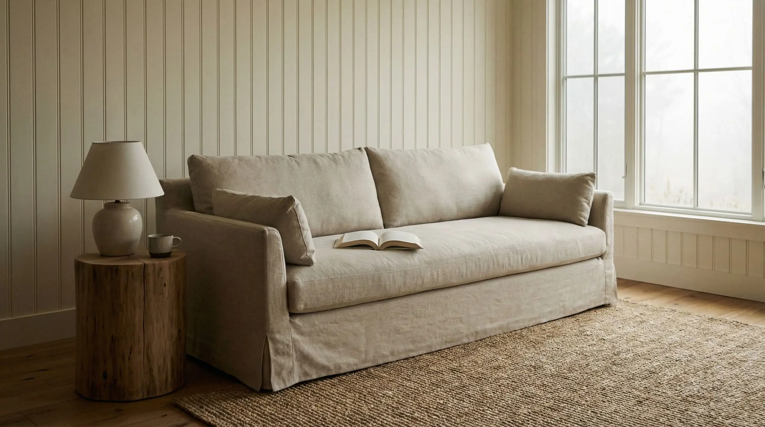 A casual high-end slipcovered linen sofa rests on wide-plank oak floors in this beautifully styled European farmhouse space.