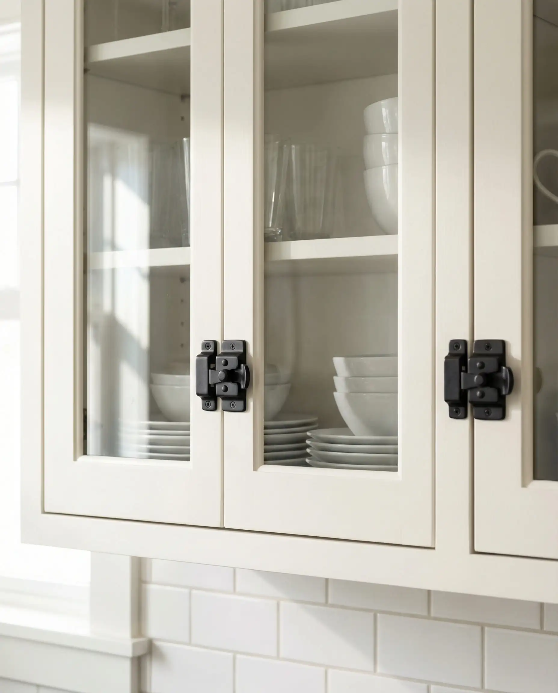 Eye-level shot of upper inset white cabinets featuring vintage-style exposed black icebox latches and glass front doors.
