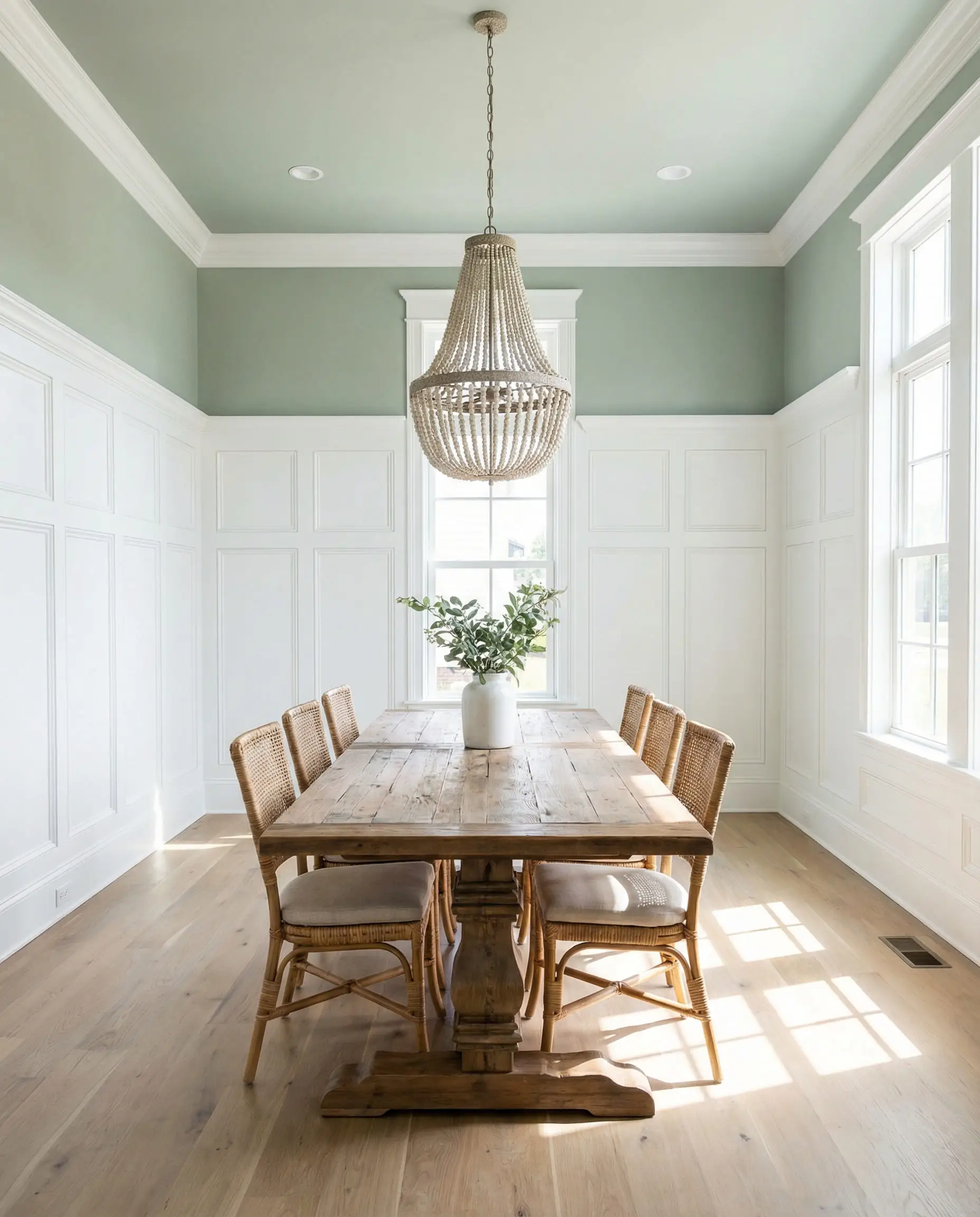 Transitional dining room with extra-tall white wainscoting extending two-thirds up the wall, topped with soft sage green paint.