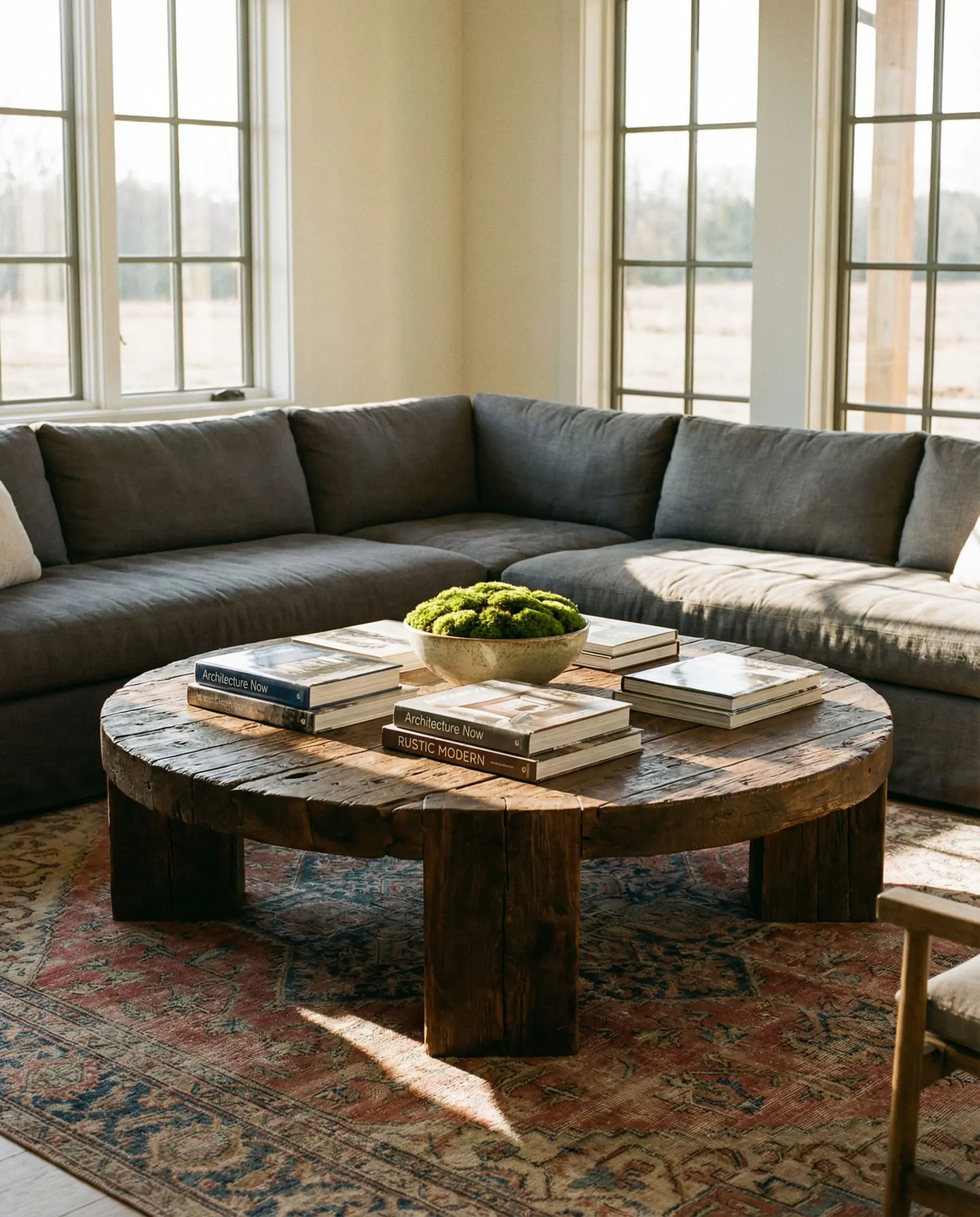 A massive round chunky reclaimed wood coffee table grounds a sleek sectional and vintage rug in this farmhouse living room.