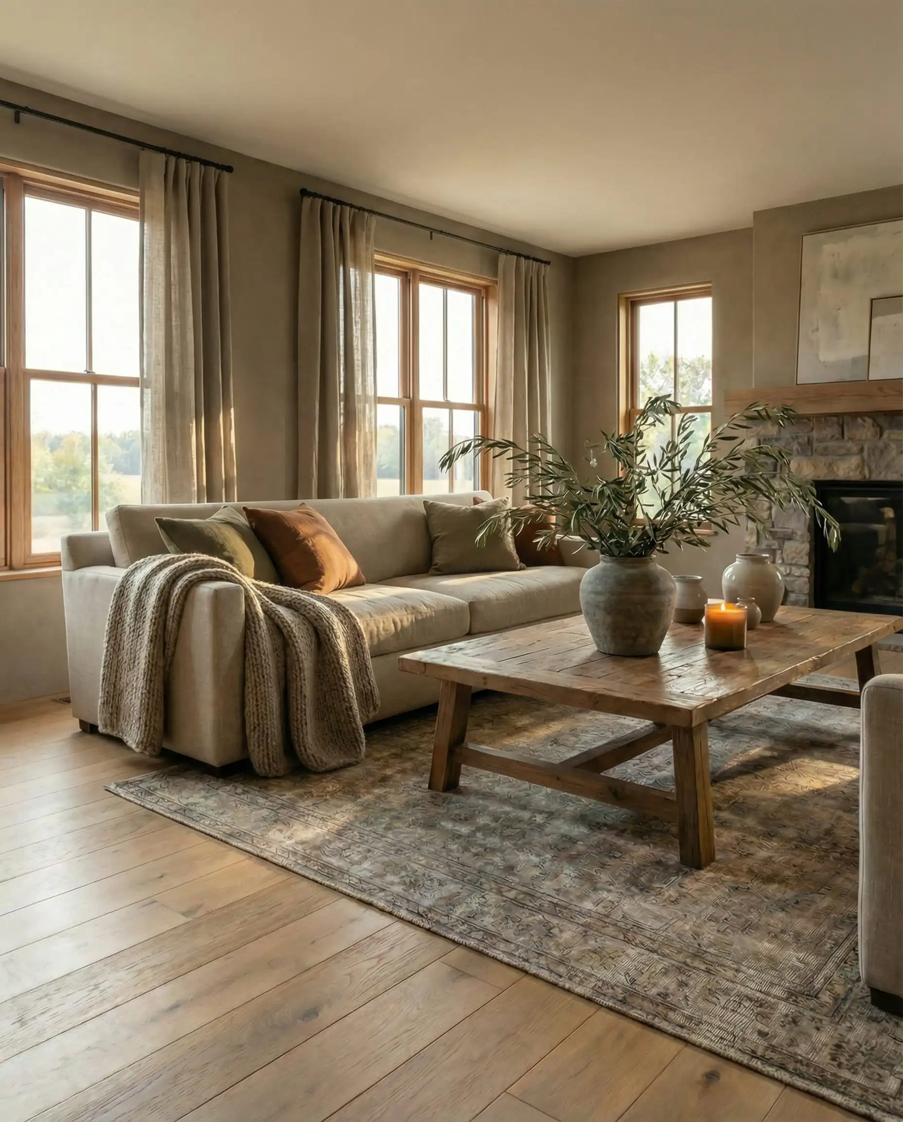 Meaningful decor completes these farmhouse living room ideas with oversized olive branches in a stone vase and abstract art.