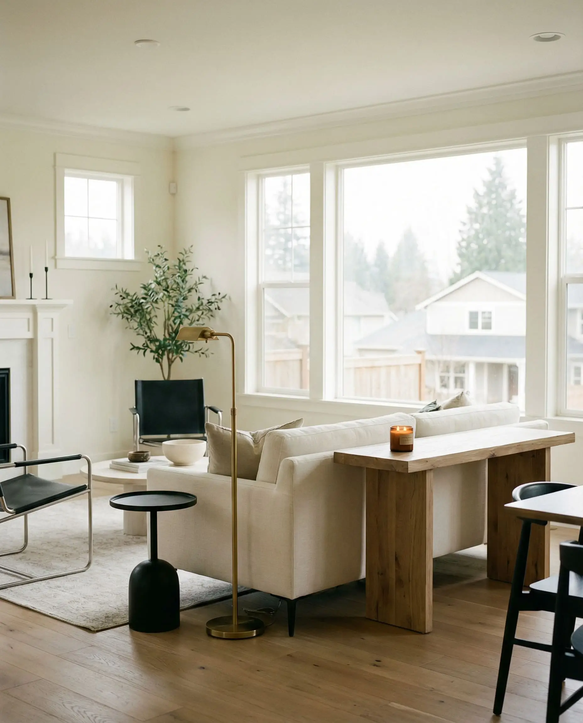 Luminous warm neutral off-white walls highlight a crisp linen sofa and raw wood console in this modern farmhouse living room.