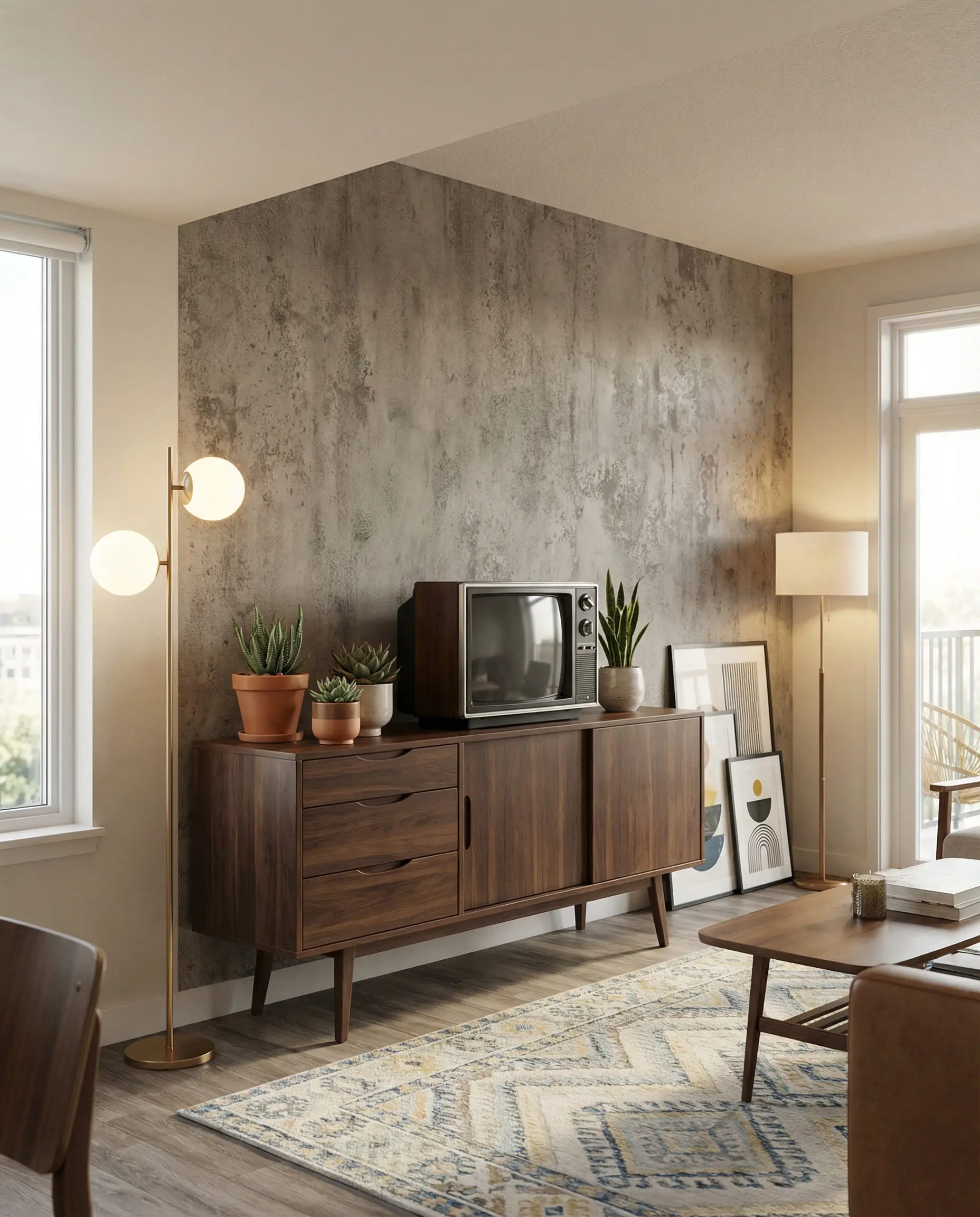 Rental-friendly living room with peel-and-stick wallpaper that looks like industrial concrete behind the TV.