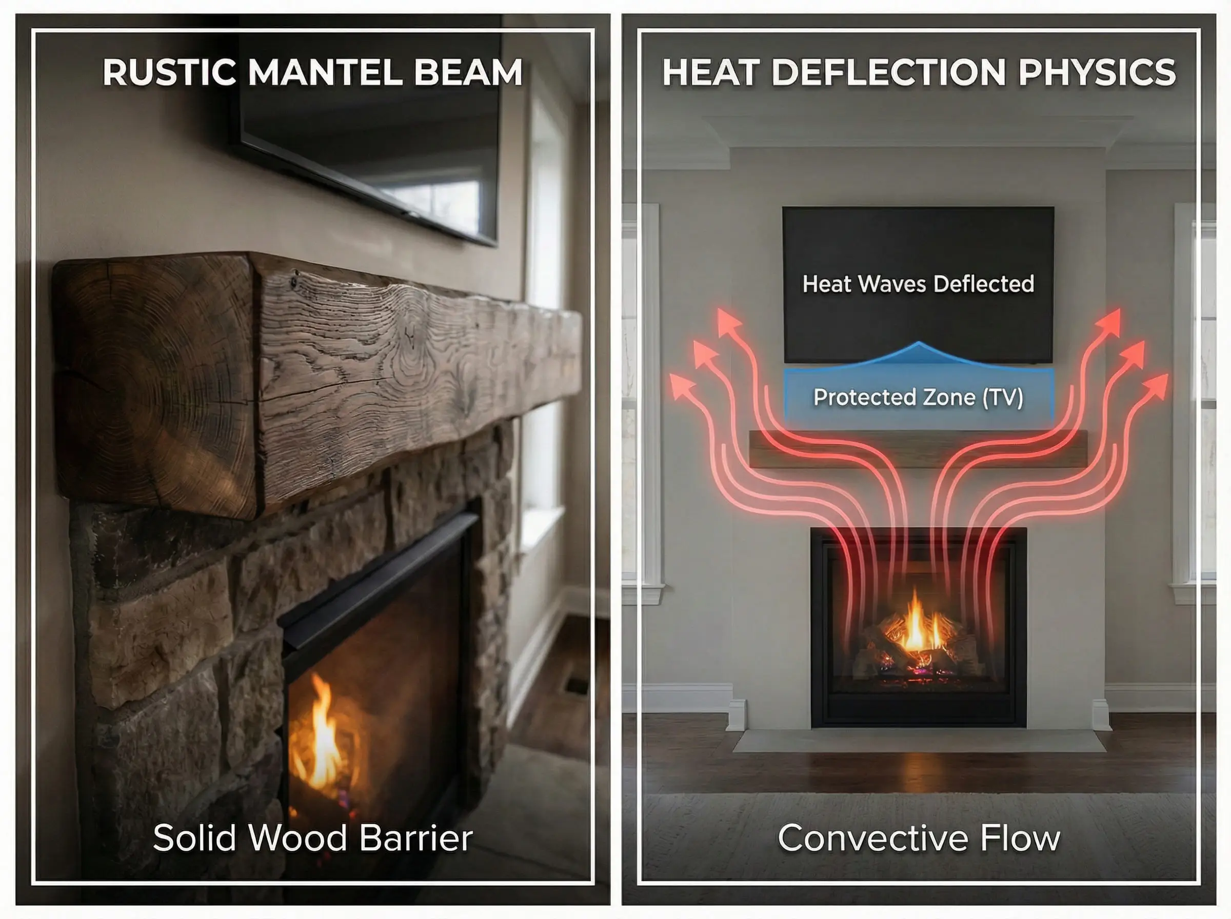 An infographic showing how a mantel deflects heat away from a TV mounted above a fireplace to prevent damage.