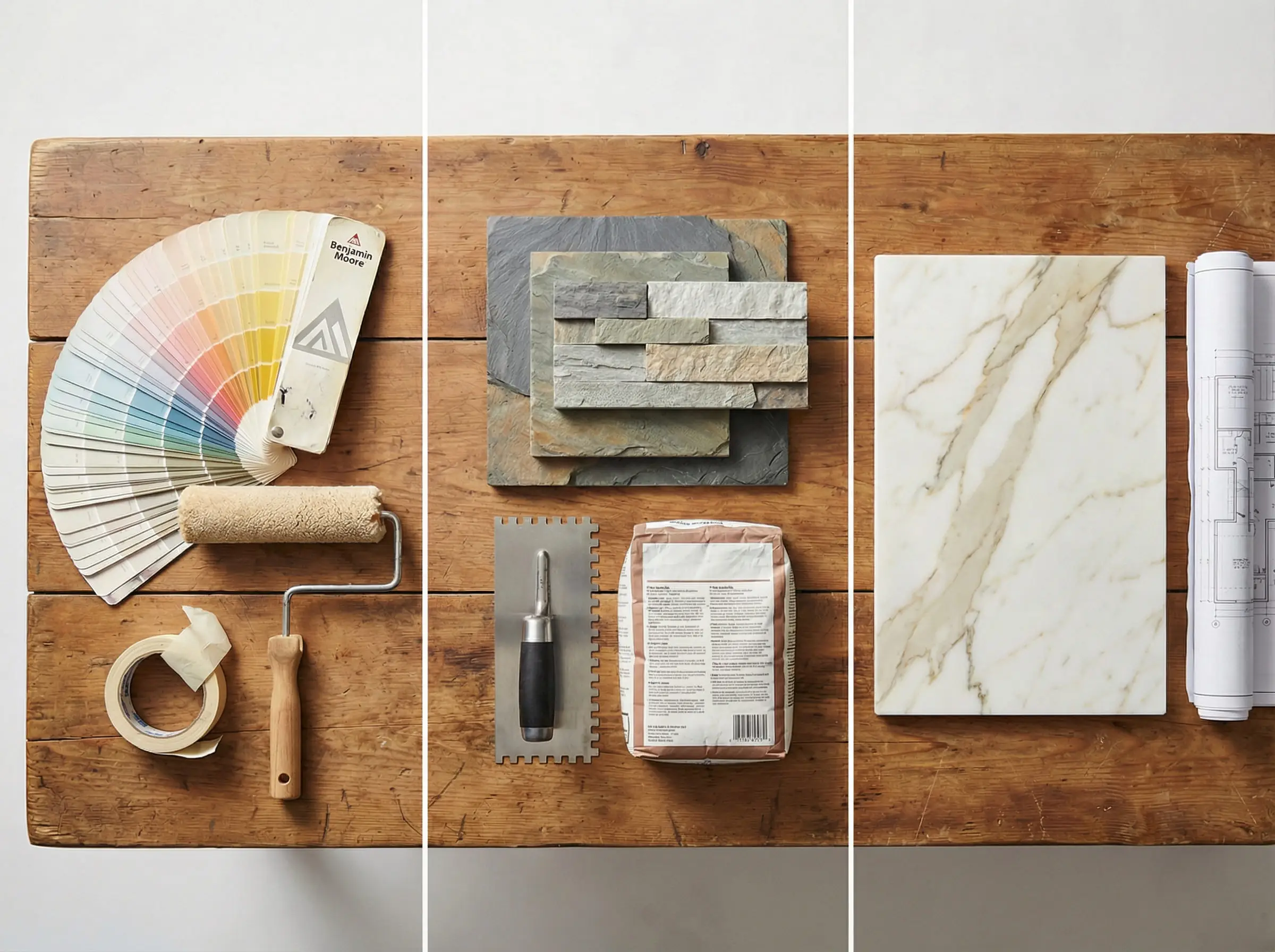A flat-lay composition of renovation materials representing budget, mid-range, and luxury fireplace options.