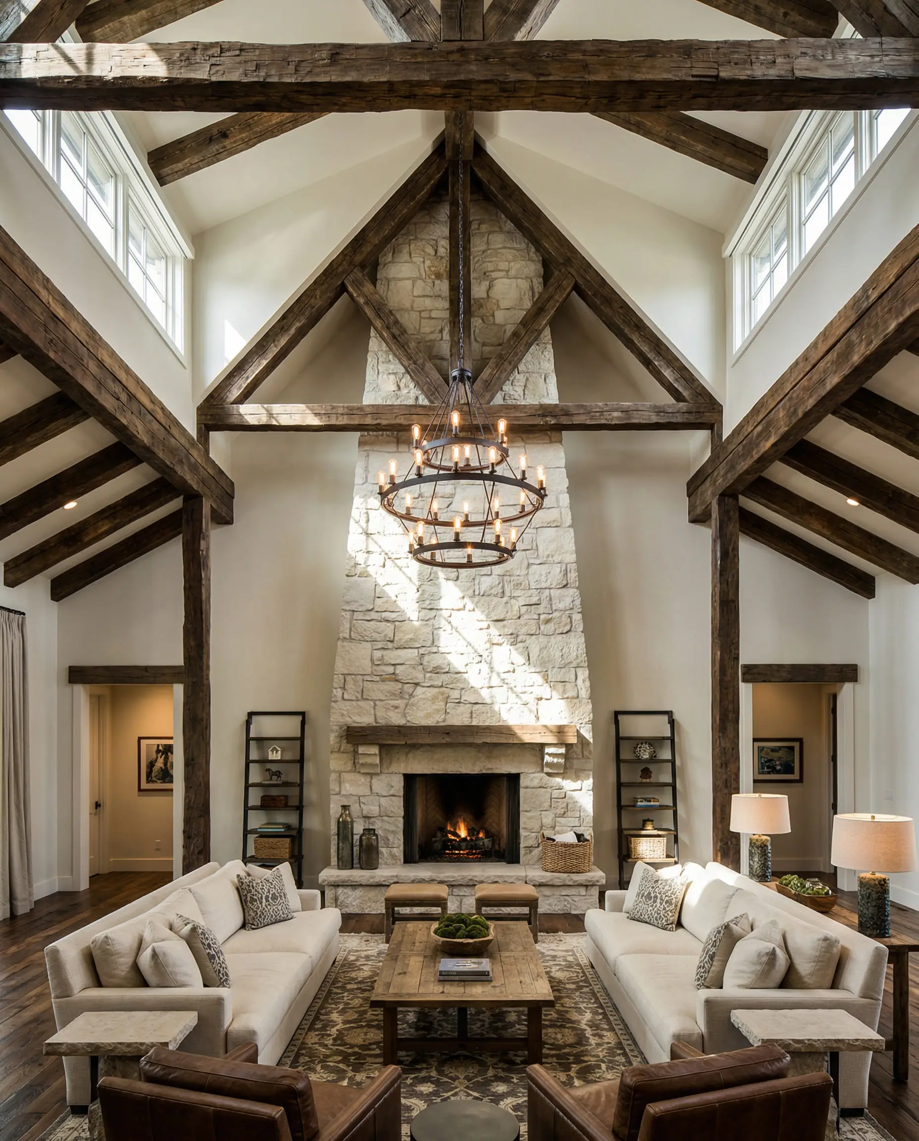 A massive limestone chimney breast extending to the vaulted ceiling of a grand living room, emphasizing vertical height.