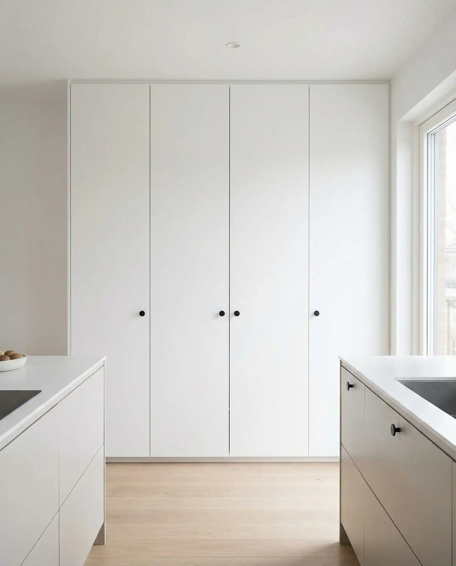 Wall of tall white pantry doors featuring tiny coin-sized matte black knobs placed in the center of the door frames.