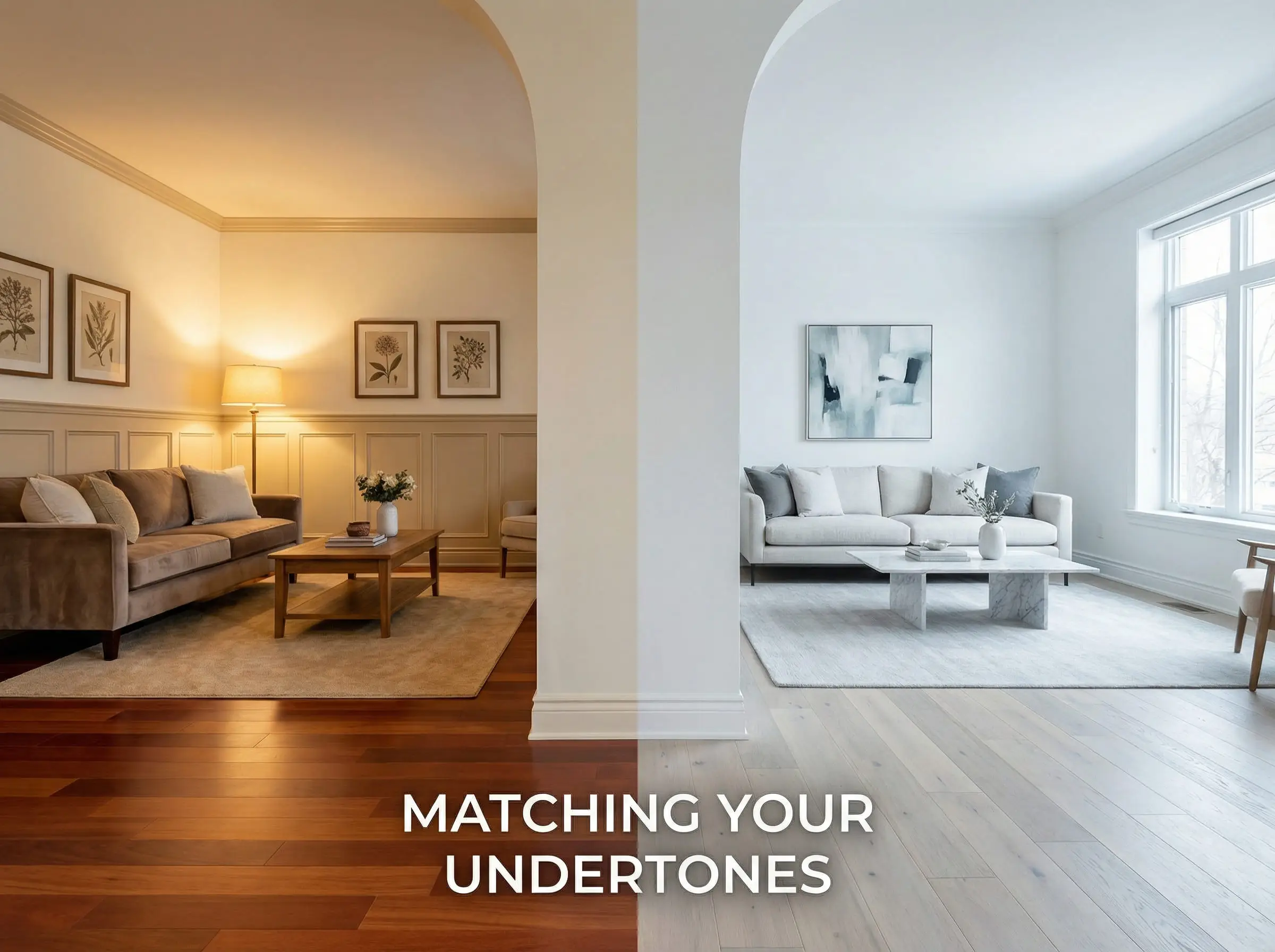 Comparison showing warm wood floors with creamy trim versus grey floors with cool white trim.