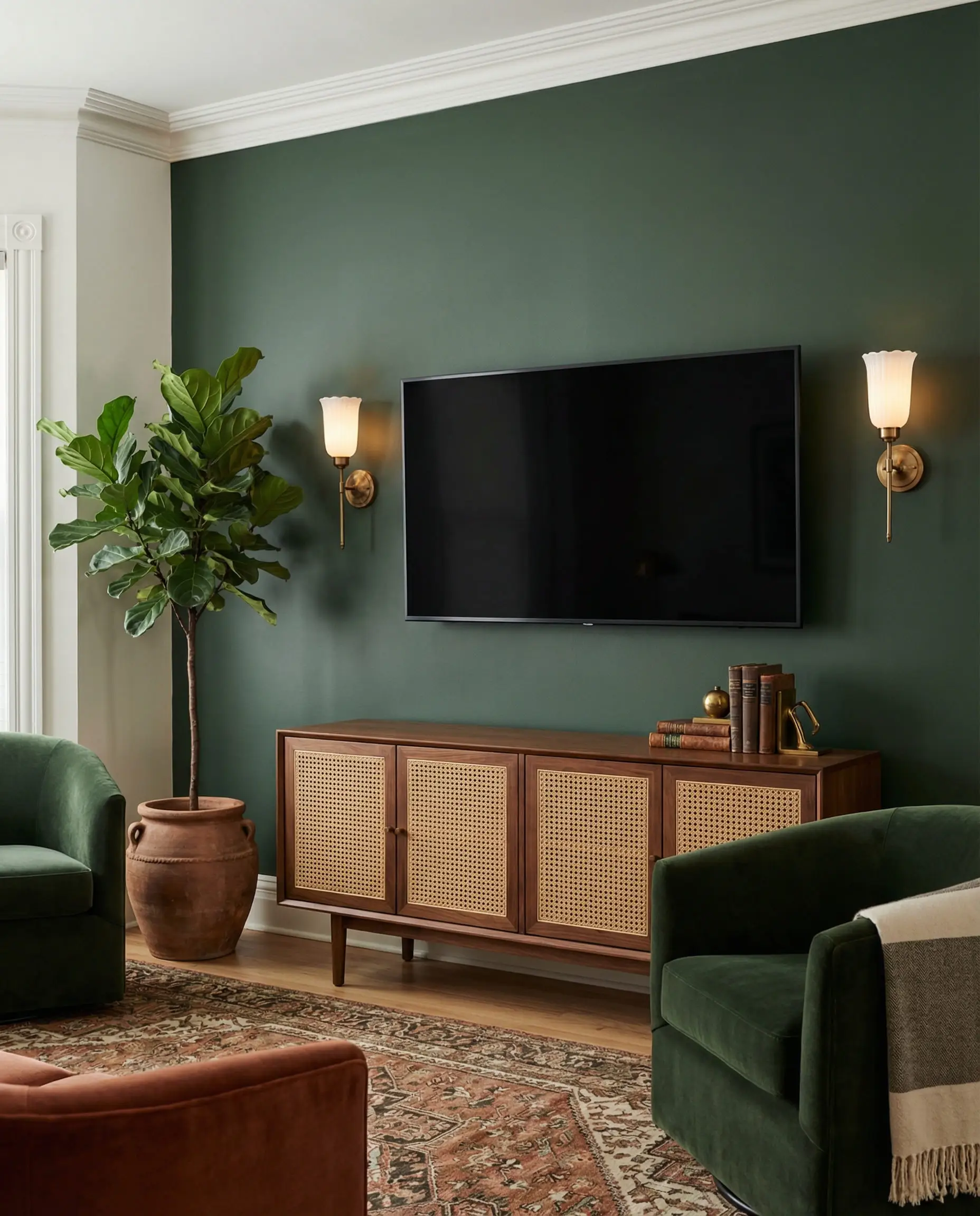 Elegant living room featuring a deep forest green accent wall behind the TV with brass sconces and a walnut cabinet.