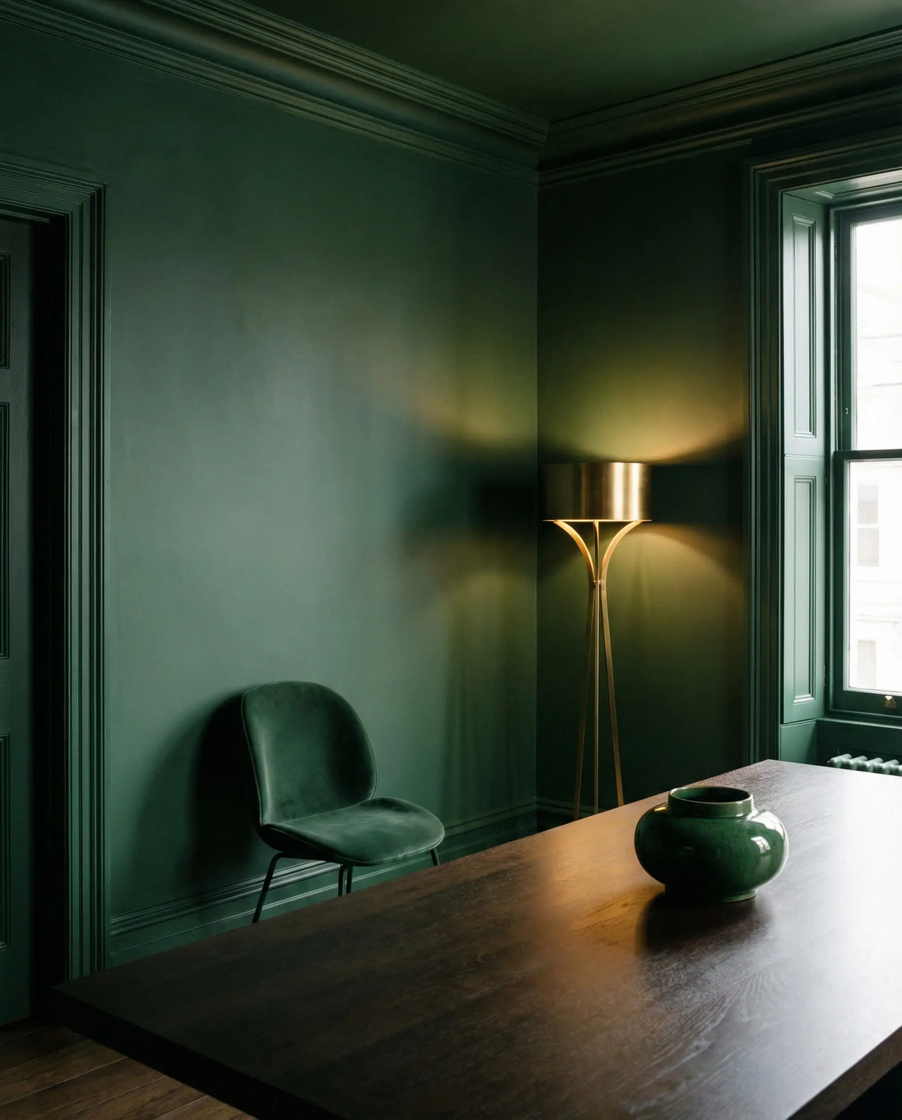 Monochromatic dining room where walls, trim, and door are all painted in matte forest green for an immersive look.
