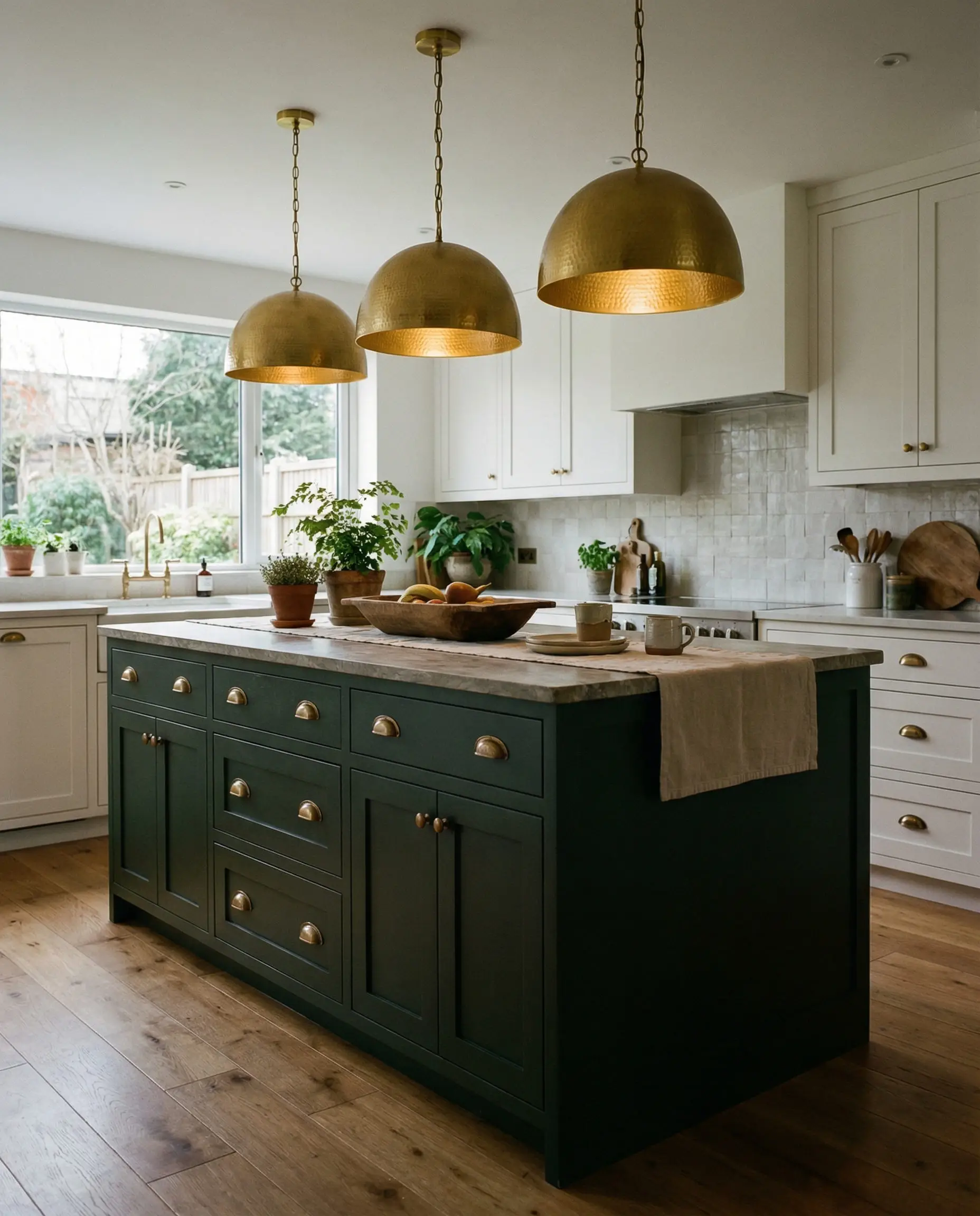 Deep forest green kitchen island with unlacquered brass hardware against white perimeter cabinets.