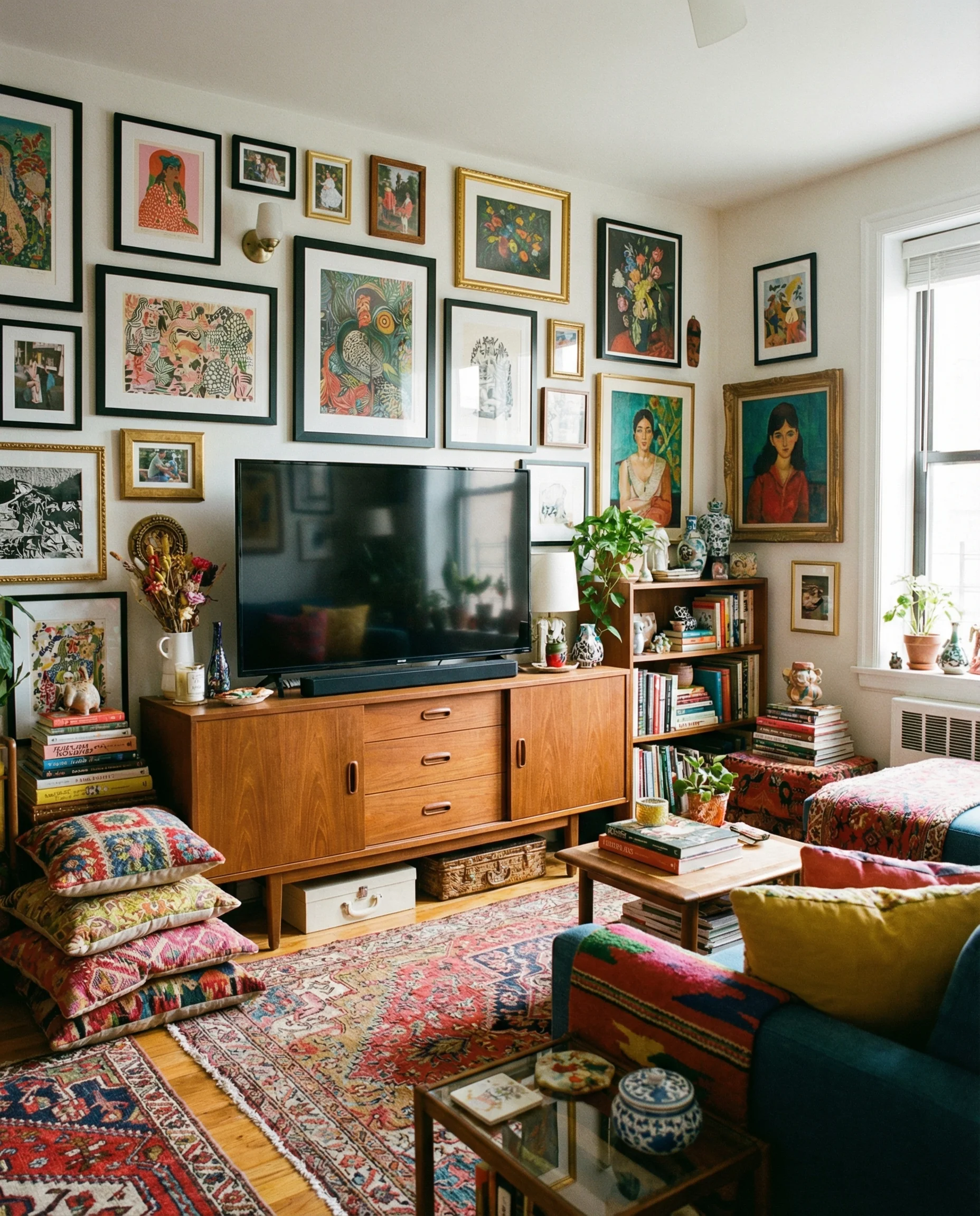 Eclectic gallery wall with framed art prints arranged around a TV on a stand in a renter-friendly living room.