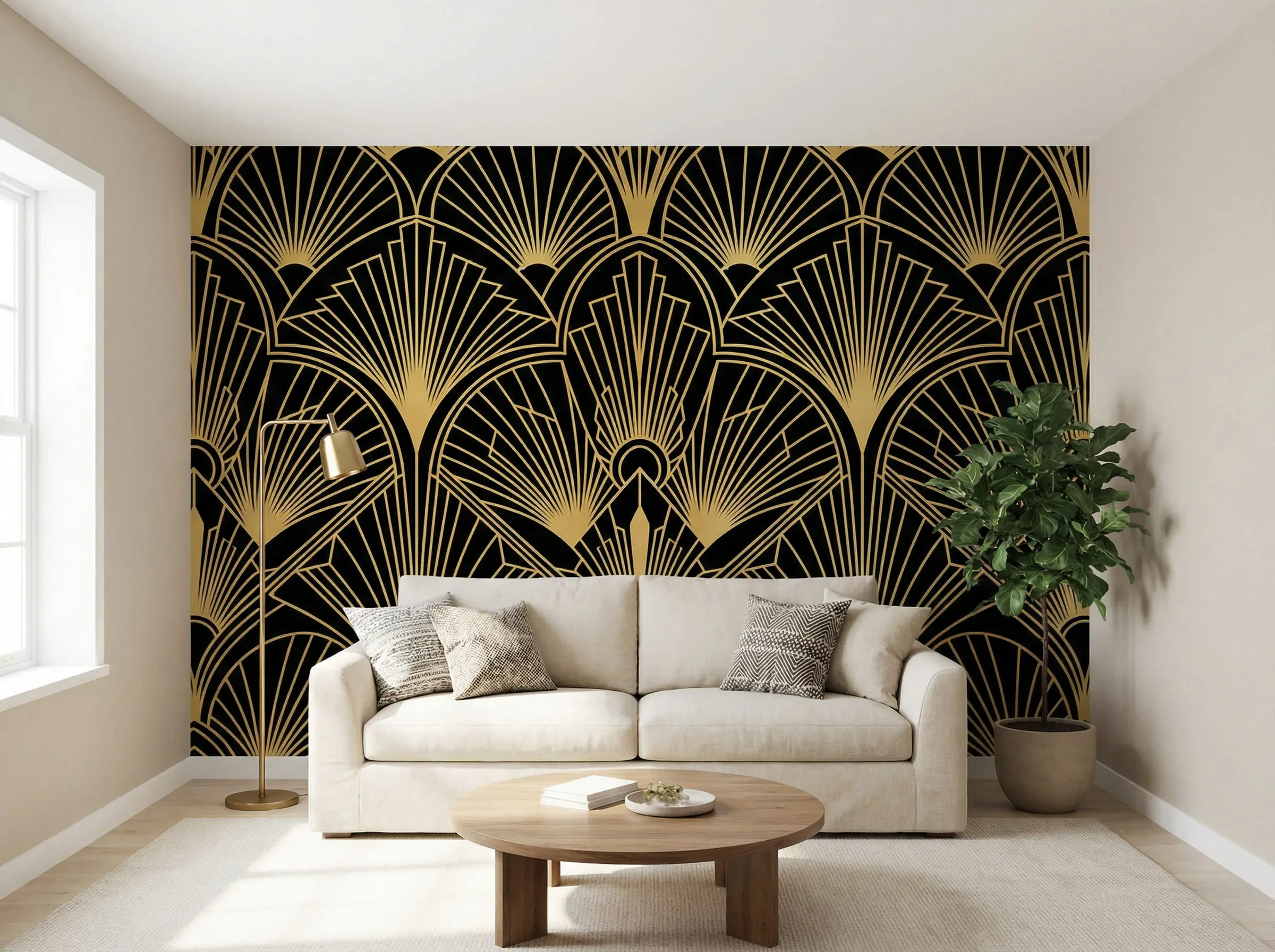 Living room featuring neutral beige walls with one bold accent wall covered in black and gold Art Deco geometric wallpaper.