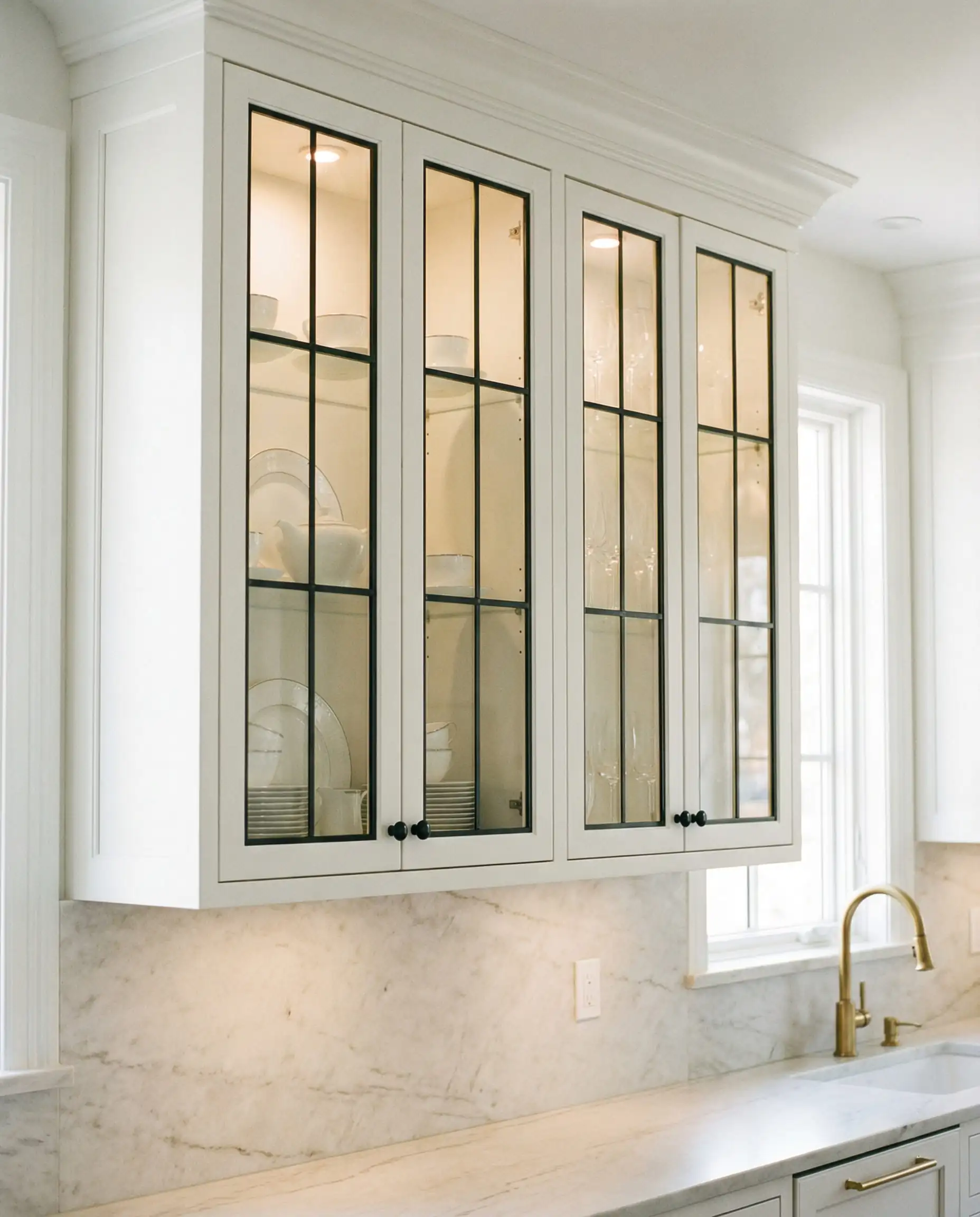 Elegant upper kitchen cabinets with glass doors framed in thin black metal detailing and interior lighting.