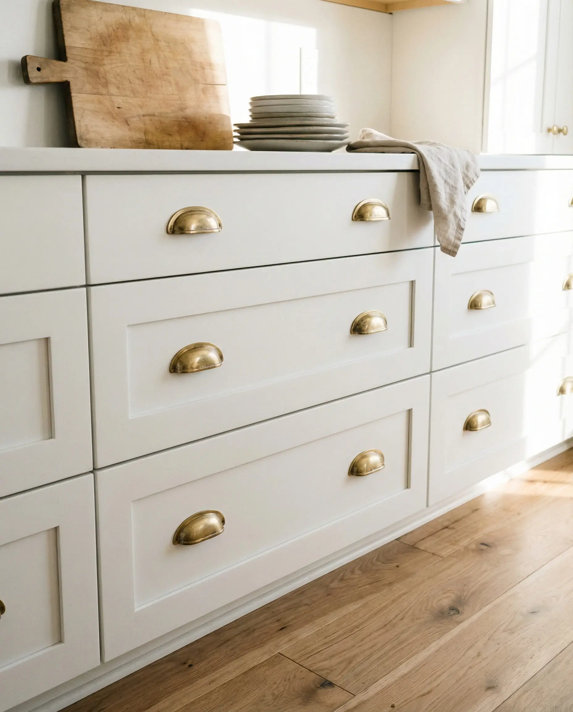 White shaker drawers featuring brushed gold cup pulls in a modern farmhouse kitchen.