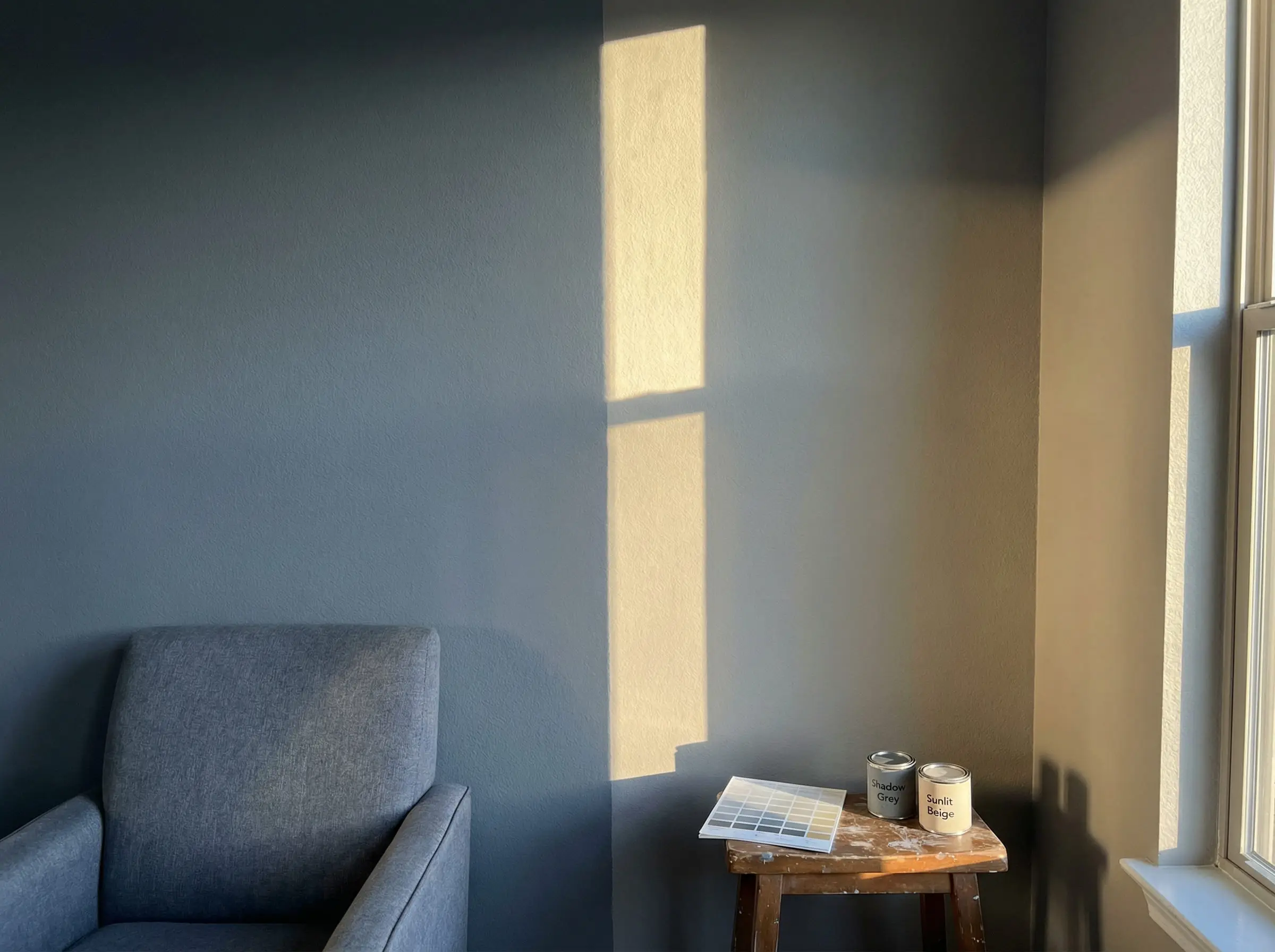 Split image showing how the same grey wall paint looks cool blue in shadow and warm beige in direct sunlight.