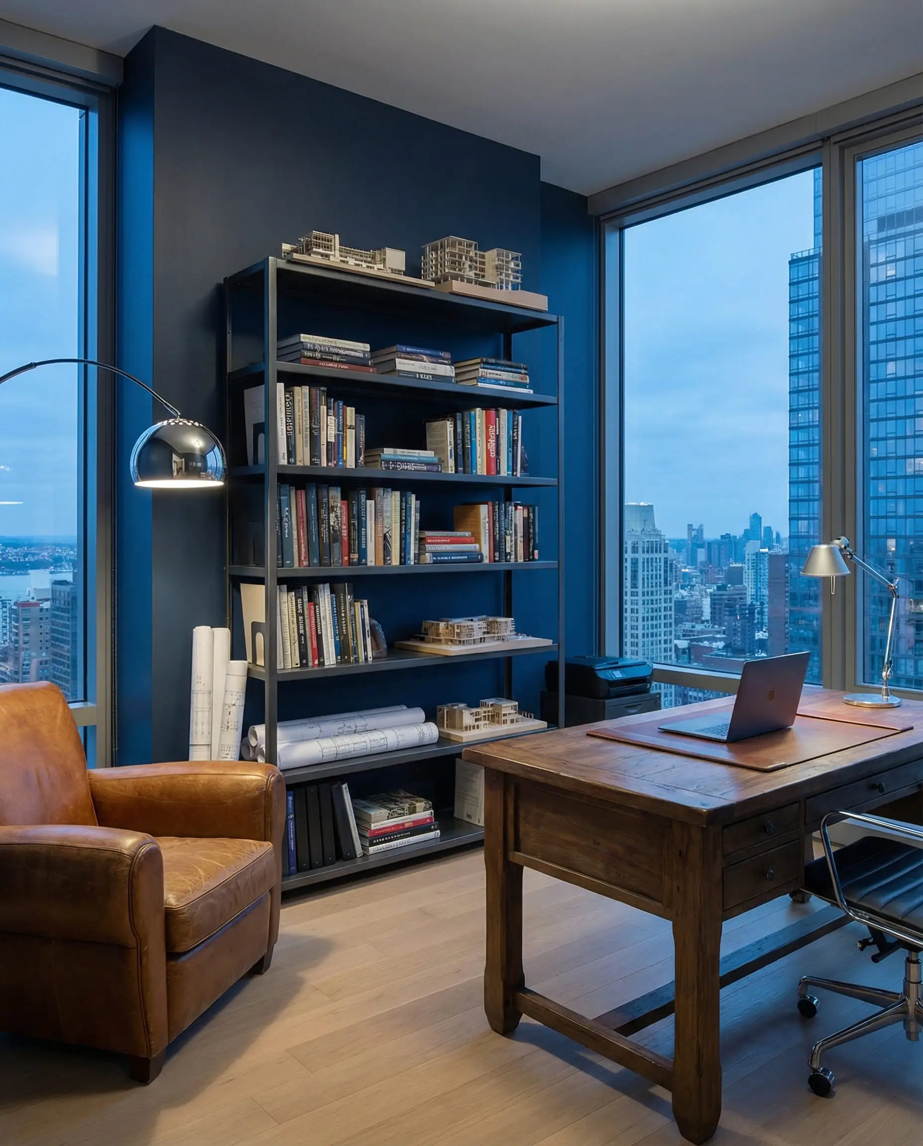 Masculine workspace with Hale Navy walls, a steel grey metal bookshelf, and a cognac leather armchair with chrome lighting.
