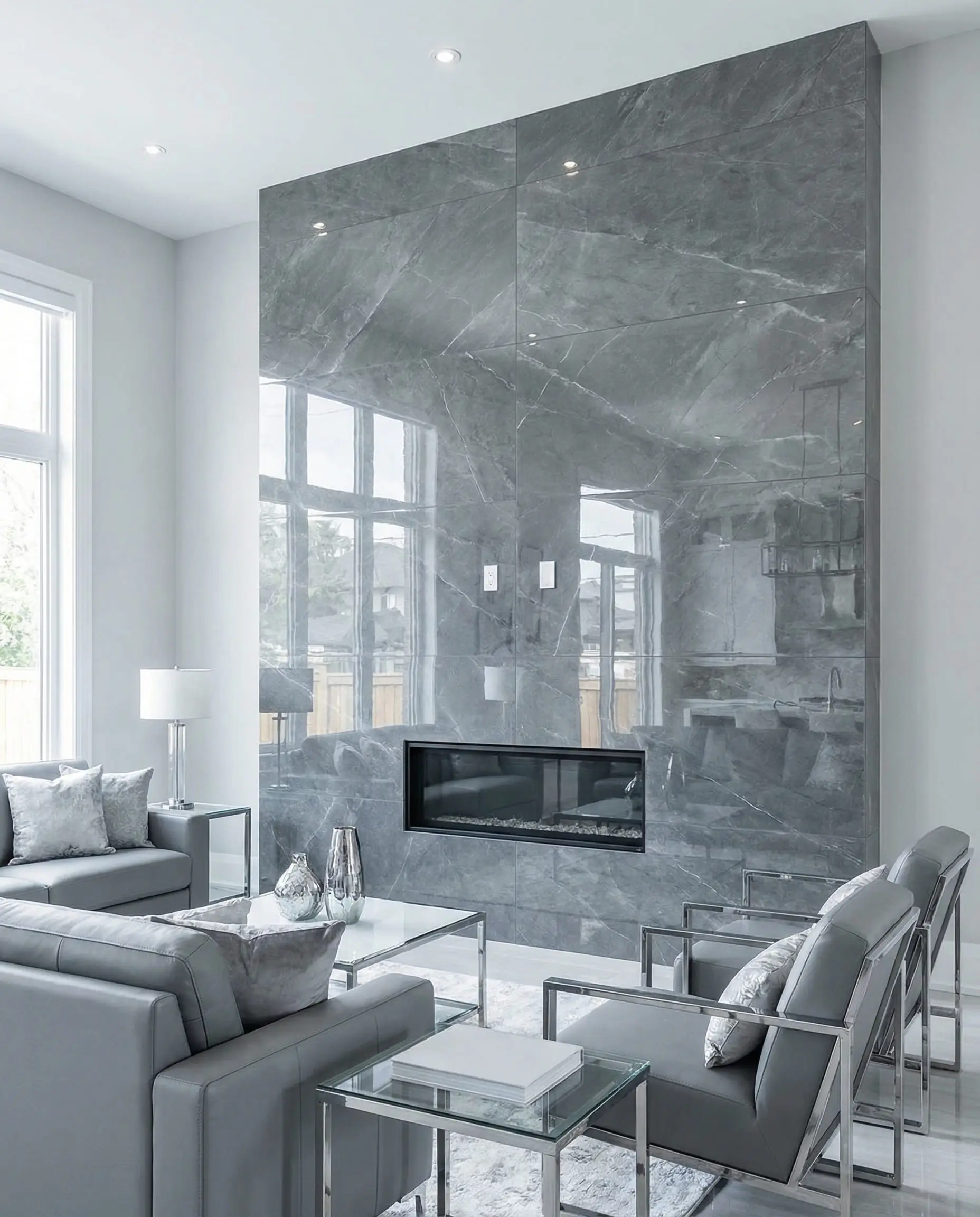 Large format polished porcelain slabs resembling grey marble on a modern fireplace wall, reflecting the room's light.