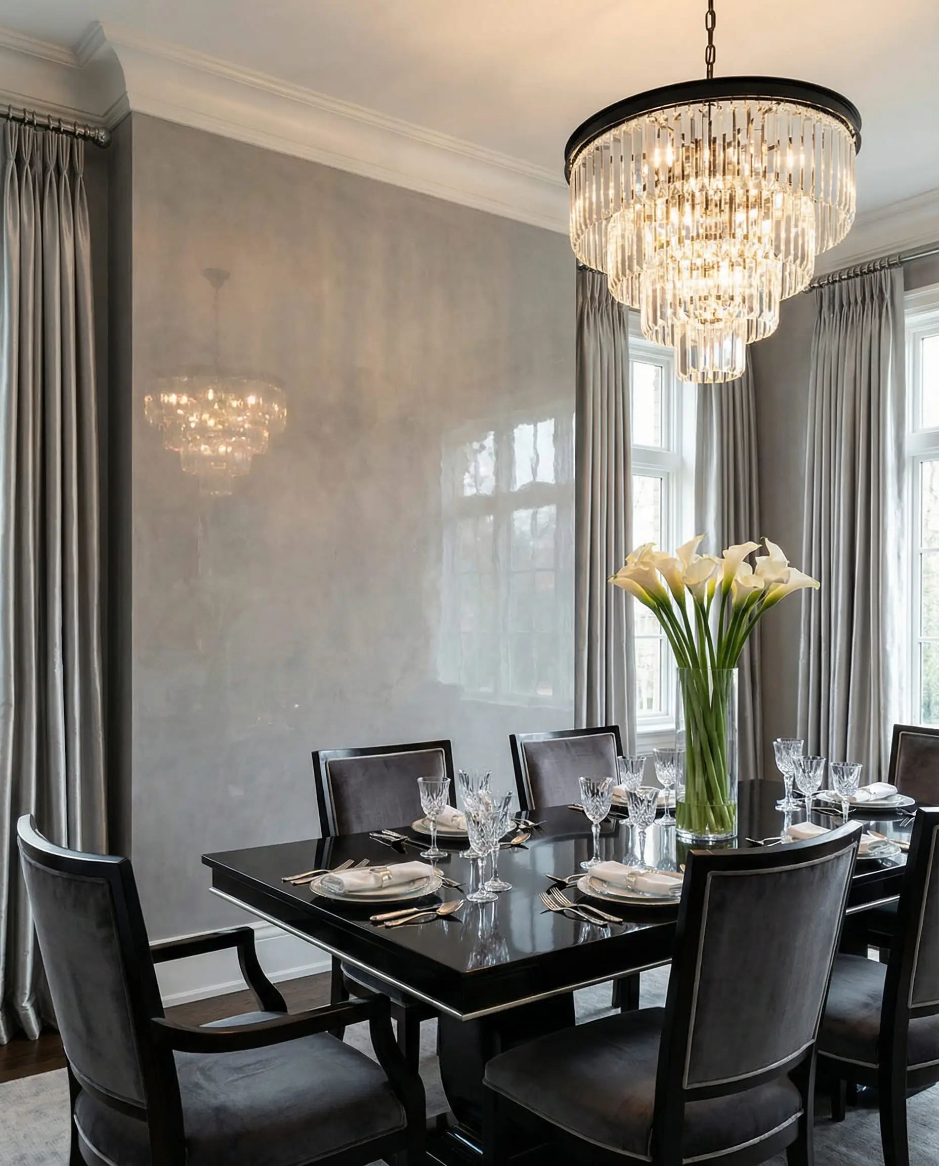 Glamorous dining room with a high-gloss pearl grey Venetian plaster accent wall reflecting a crystal chandelier.