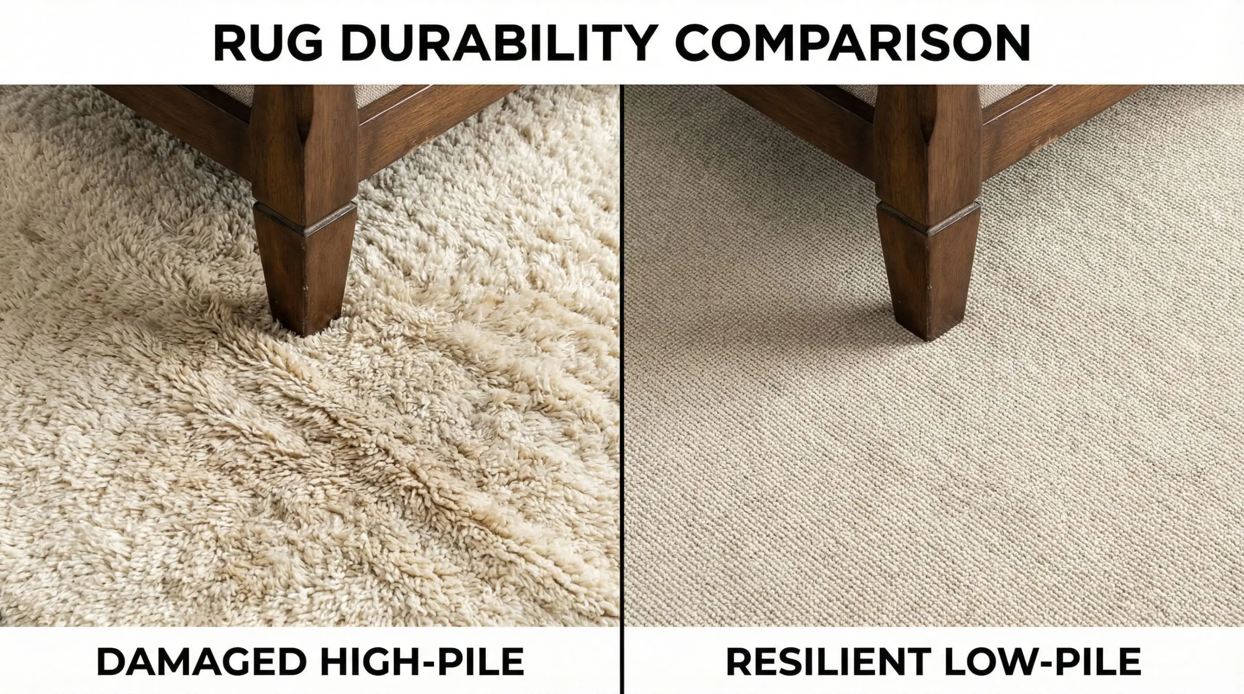 A split-screen compares a crushed high-pile cheap rug with a dense, resilient high-traffic area rug holding its shape under heavy furniture.