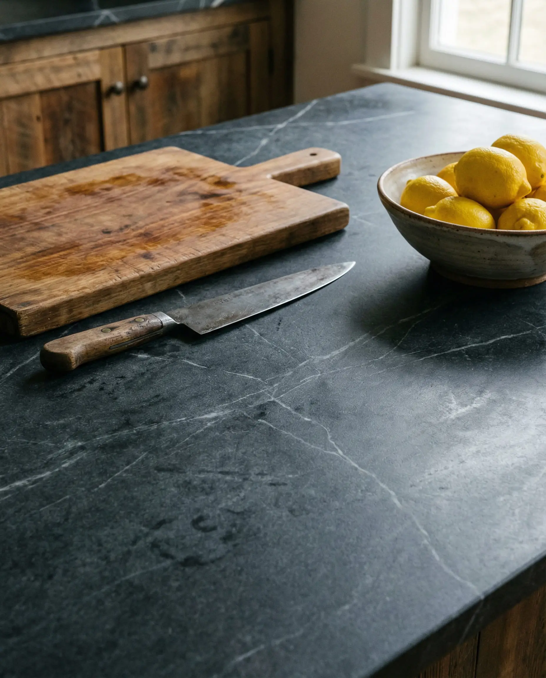 Close up of honed charcoal soapstone countertop with white veining and a wooden cutting board.