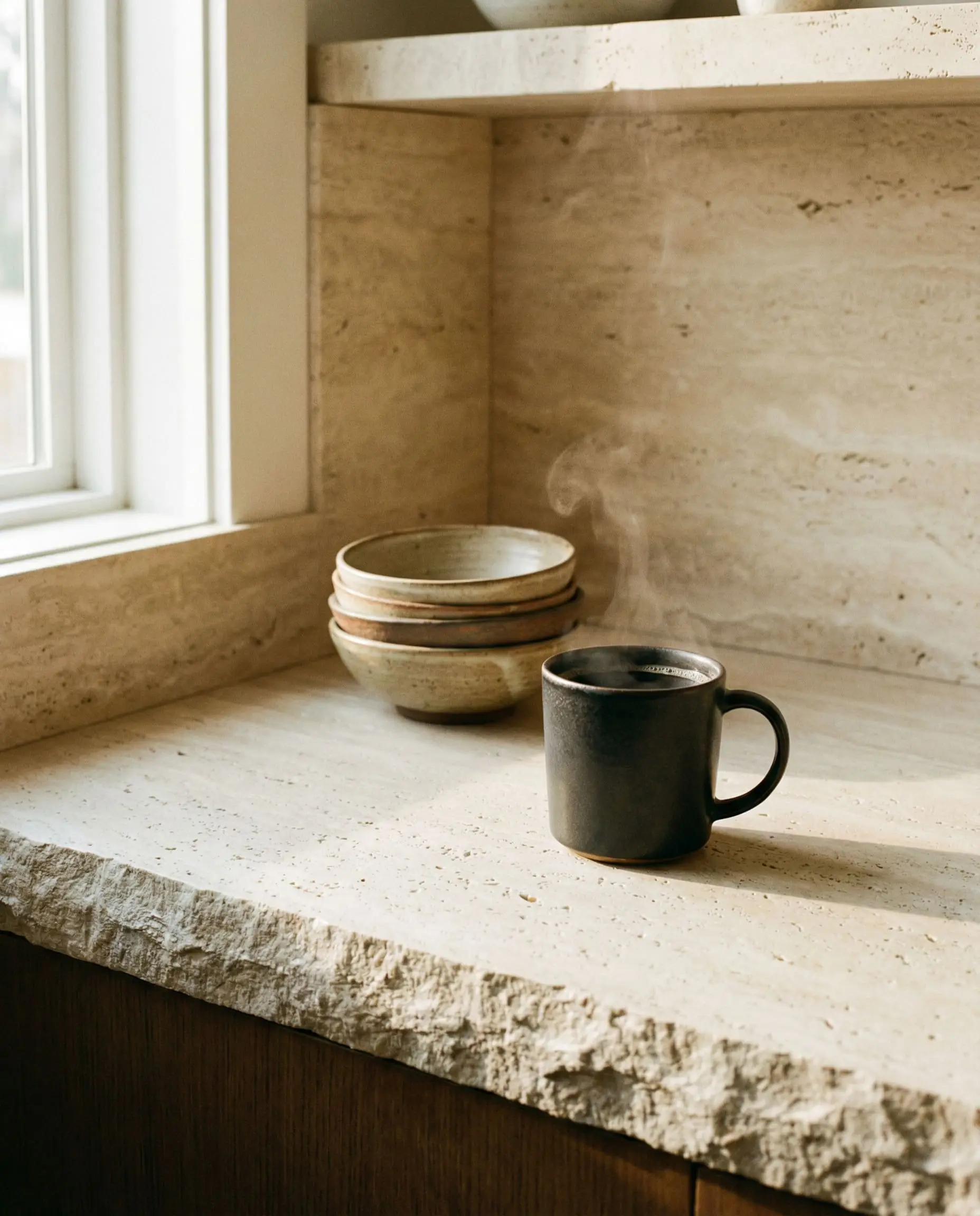 A honed limestone kitchen countertop with a raw chiseled edge seamlessly meets a travertine backsplash, perfectly capturing natural materials in modern design.