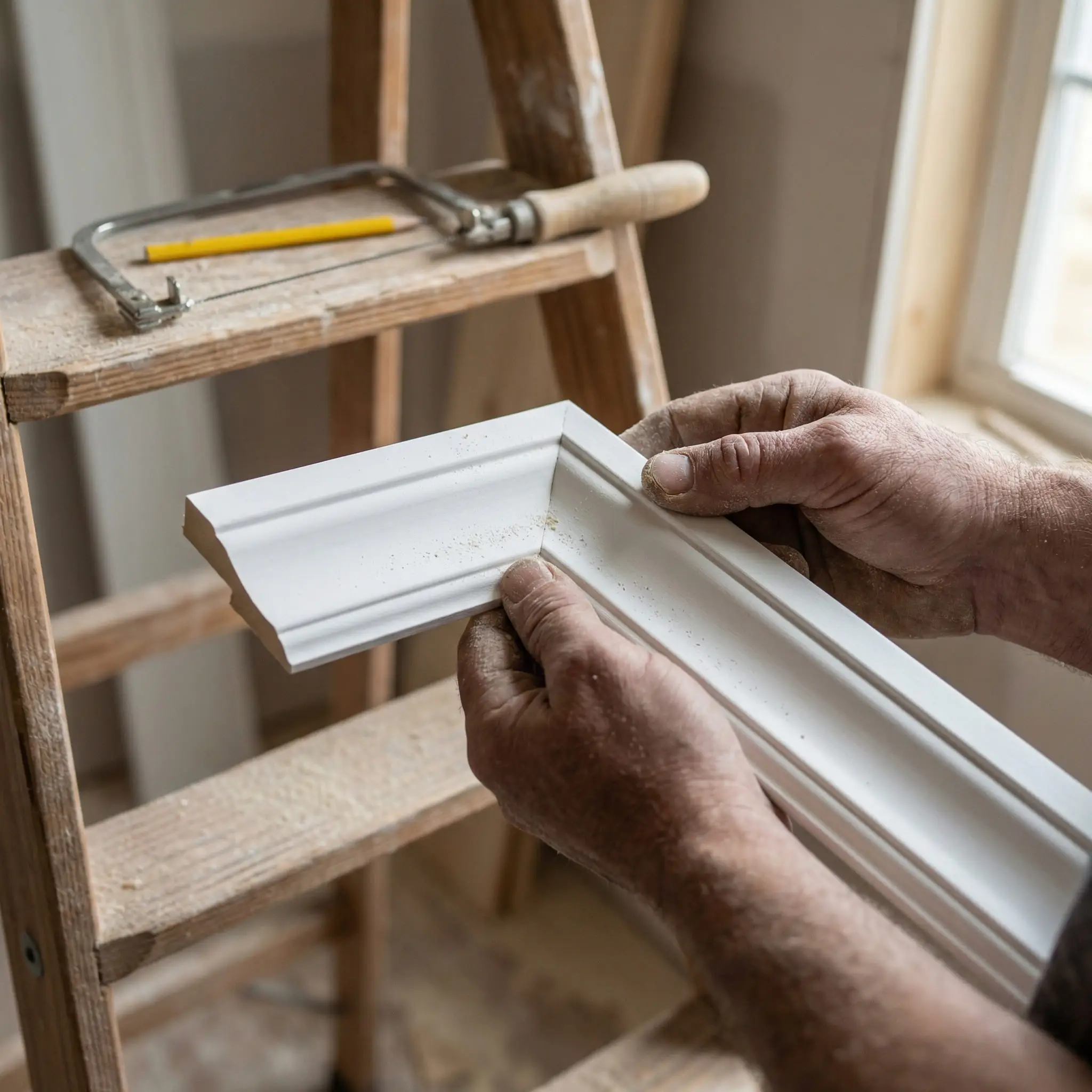 Close-up of a carpentry coped joint on a piece of wood crown molding, showing the precise cut for an inside corner installation.